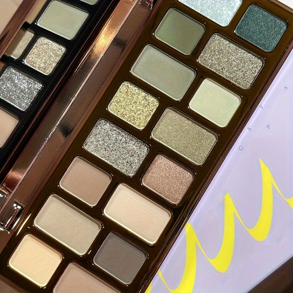 Eyeshadow Palette 16 Colors - Smoky Retro Matte Glitter Pearlescent Shades, Gray Green Earthy Tones with Highlight Blush, Compact Travel