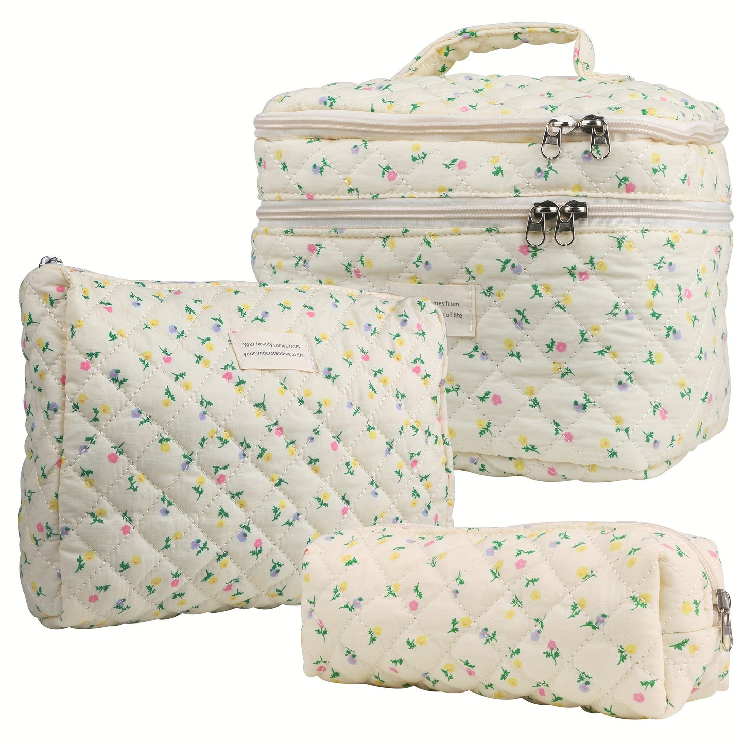 Makeup Bag Set 3PCS Quilted Cotton Dual Layer Large Capacity Floral Coquette Aesthetic Travel Cosmetic Bag Women Toiletry Organizer Cute Soft Fabric Pouch Blue Pink Purple 6 Styles