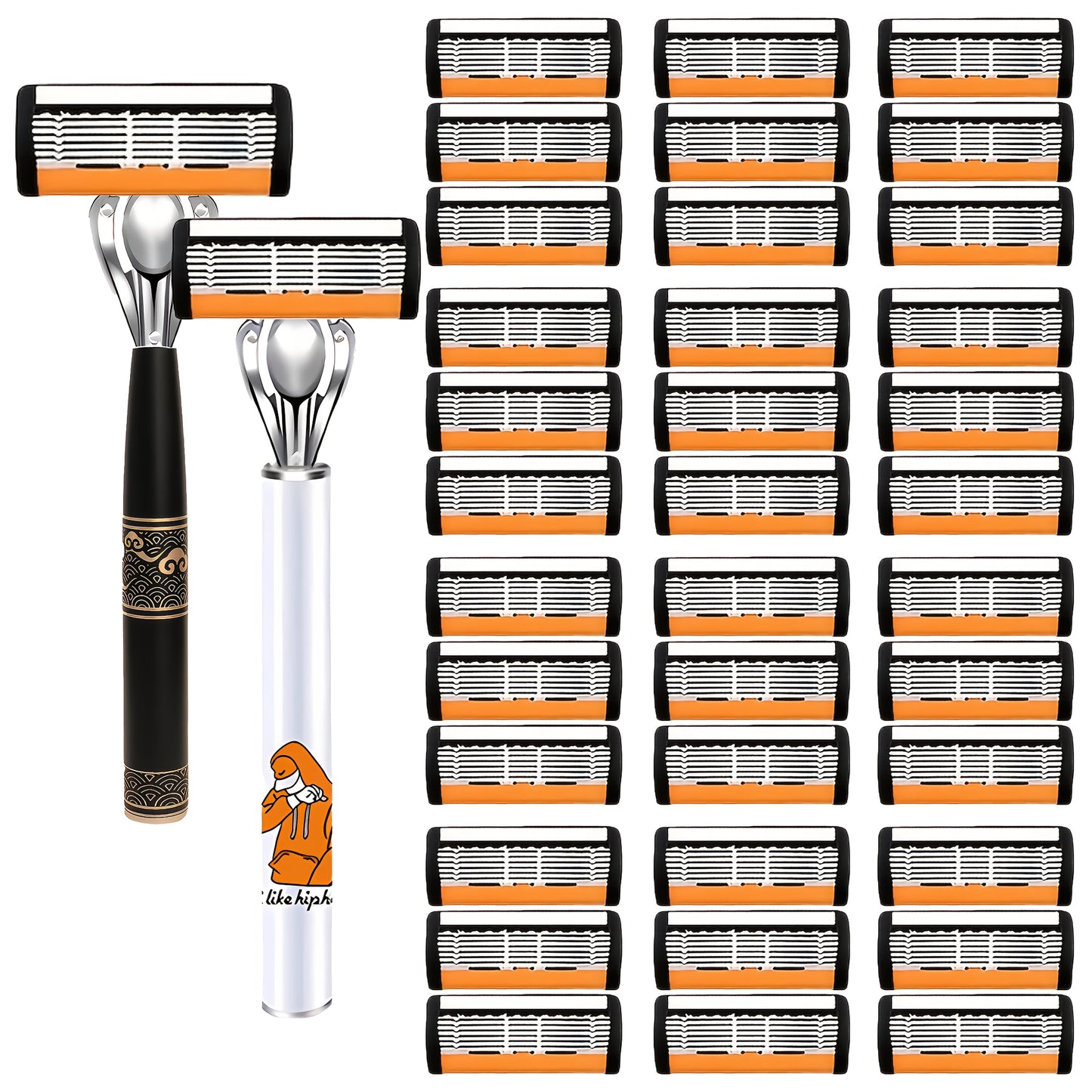 6-Layer Blade Men's Razor Set with Lubricating Strip 2 Handles & 36 or 72 Replacement Blades – Smooth Close Shave Contour-Fitting Ergonomic Manual Shaver for Men Daily Grooming