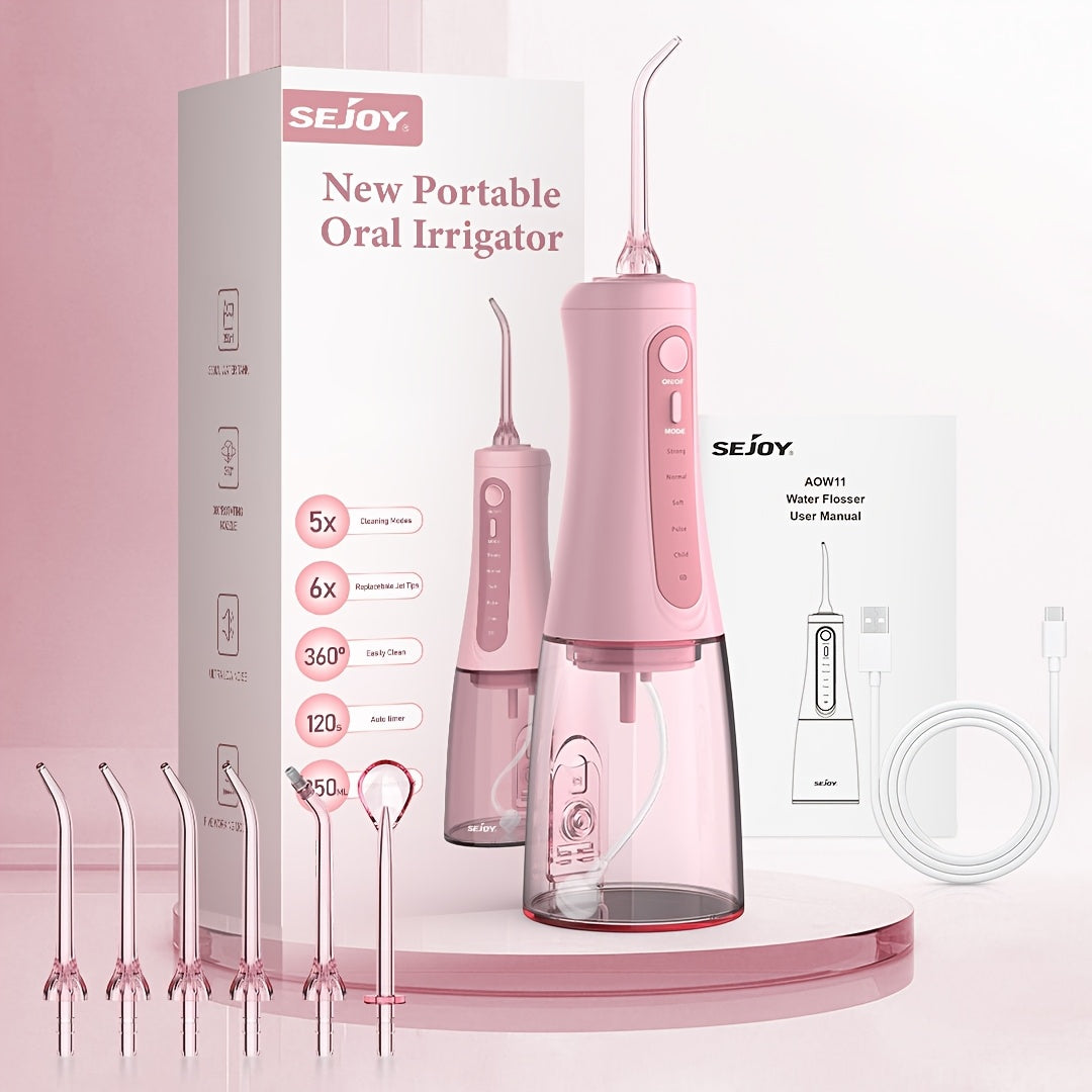 Water Dental Flosser Oral Irrigator — 5 Modes, 6 Tips, IPX7 Waterproof, 350ml Cordless Rechargeable Water Flosser for Braces, Bridges, Travel & Home Teeth Cleaning