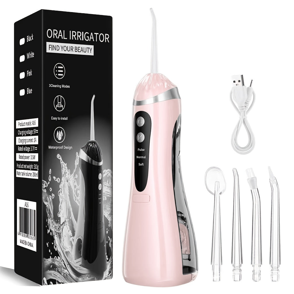 Oral Irrigator USB Rechargeable Water Flosser — 3 Cleaning Modes, Flosser Tips & Brush Head, Portable Cordless Dental Water Pick for Travel & Home Teeth Care, White Black Pink