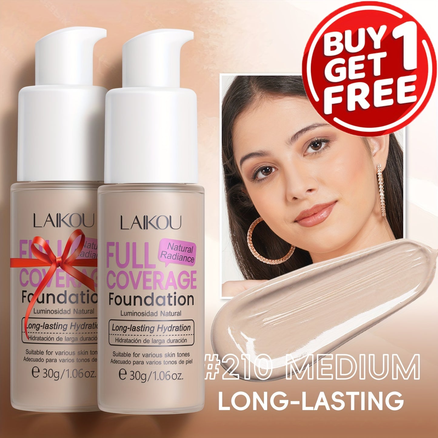 Foundation Full Coverage Hydrating Waterproof Long Lasting LALKOU with Hyaluronic Acid Pear Powder Invisible Pores Flawless Skin 6 Shades Ivory to Tan 2pcs