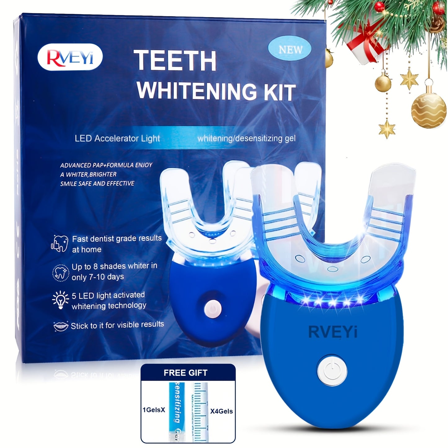 LED Teeth Whitening Kit with 5 Whitening Gel Enamel Safe Professional Home Teeth Whitening Light Tray Set Gift for Women Men Parents Girlfriend Boyfriend White Blue
