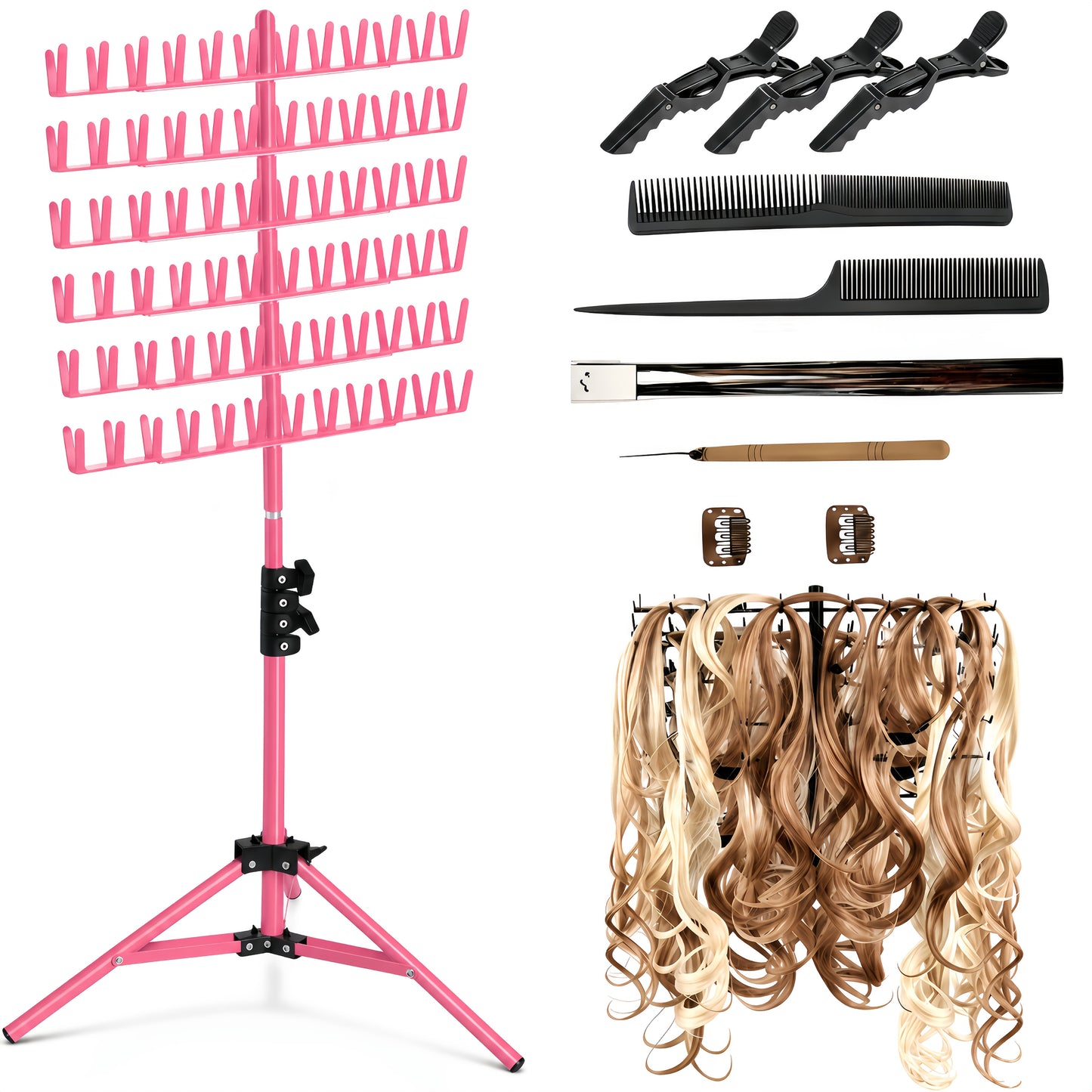 Braiding Hair Rack Standing Hair Extension Holder Hanger Height Adjustable Foldable 144 Strands Organizer for Knotless Box Braids Cornrows Hairstylists