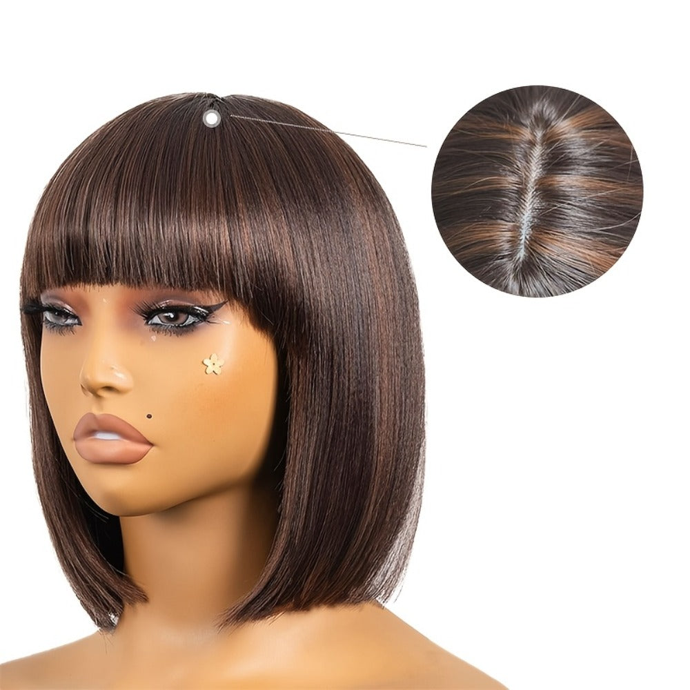 Bob Wig with Bangs for Women — 10 Inch Yaki Straight Blunt Cut, Brown Highlight M4/30, Heat Resistant Synthetic Hair, Short Natural Looking Bob, Daily Wear & Costume