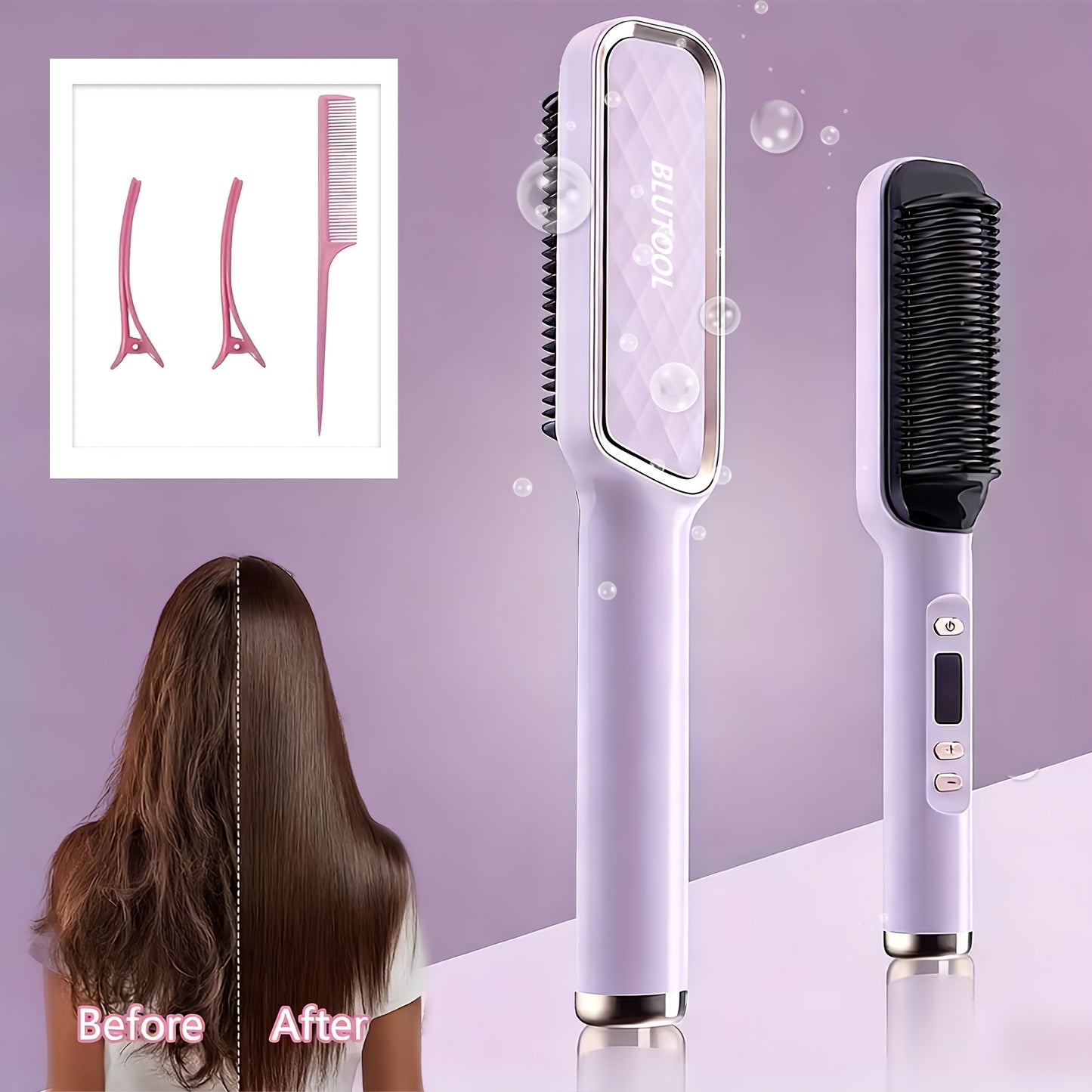 Hair Straightener Brush 10s Fast Heat LCD Display – 5 Temperature Flat Iron Comb Anti-Scald Straightening Brush for Women with 2 Clips & Comb – White, Grey, Purple