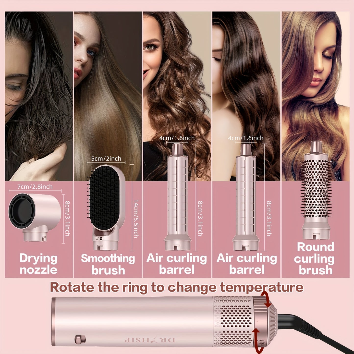 5-in-1 Hair Styler Brush Negative Ion Technology – Hot Air Blow Dryer, Curler & Straightener Multi-Function Styling Brush for Women – Black, Grey, Pink