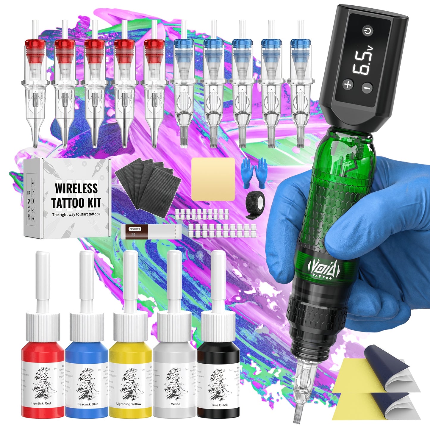 Wireless Tattoo Pen Kit 1200mAh Battery LED Display — 4.0mm Stroke Anti-Slip Grip Rotary Tattoo Machine for Beginners & Artists, Cosmic Violet & Aurora Green