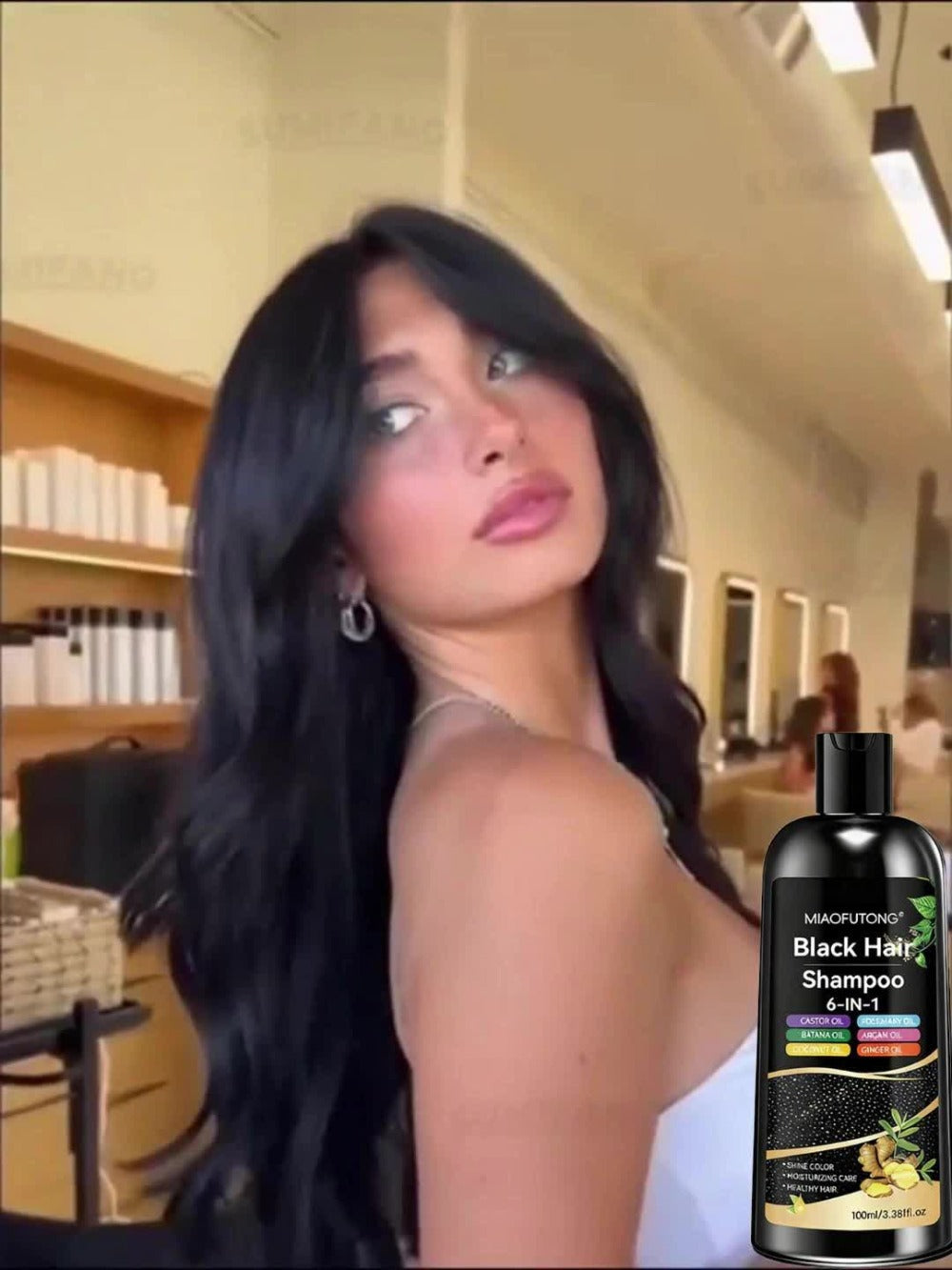 Black Hair Dye Shampoo 6-in-1 Gray Coverage - Castor, Batana, Coconut, Rosemary & Ginger Oil Formula, Instant Color, Glossy & Voluminous, Unisex, All Hair Types