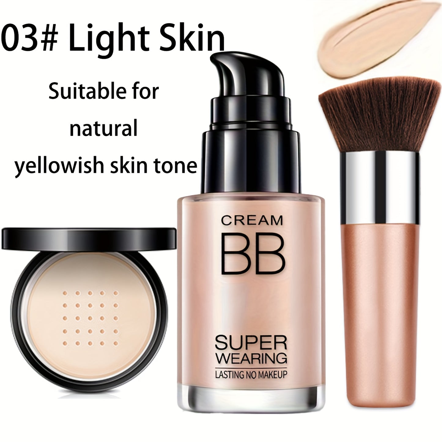 BB Cream Makeup Kit with Loose Setting Powder, Brush & Sponge — Full Coverage Foundation, Waterproof Long-Lasting, Hydrating for All Skin Types