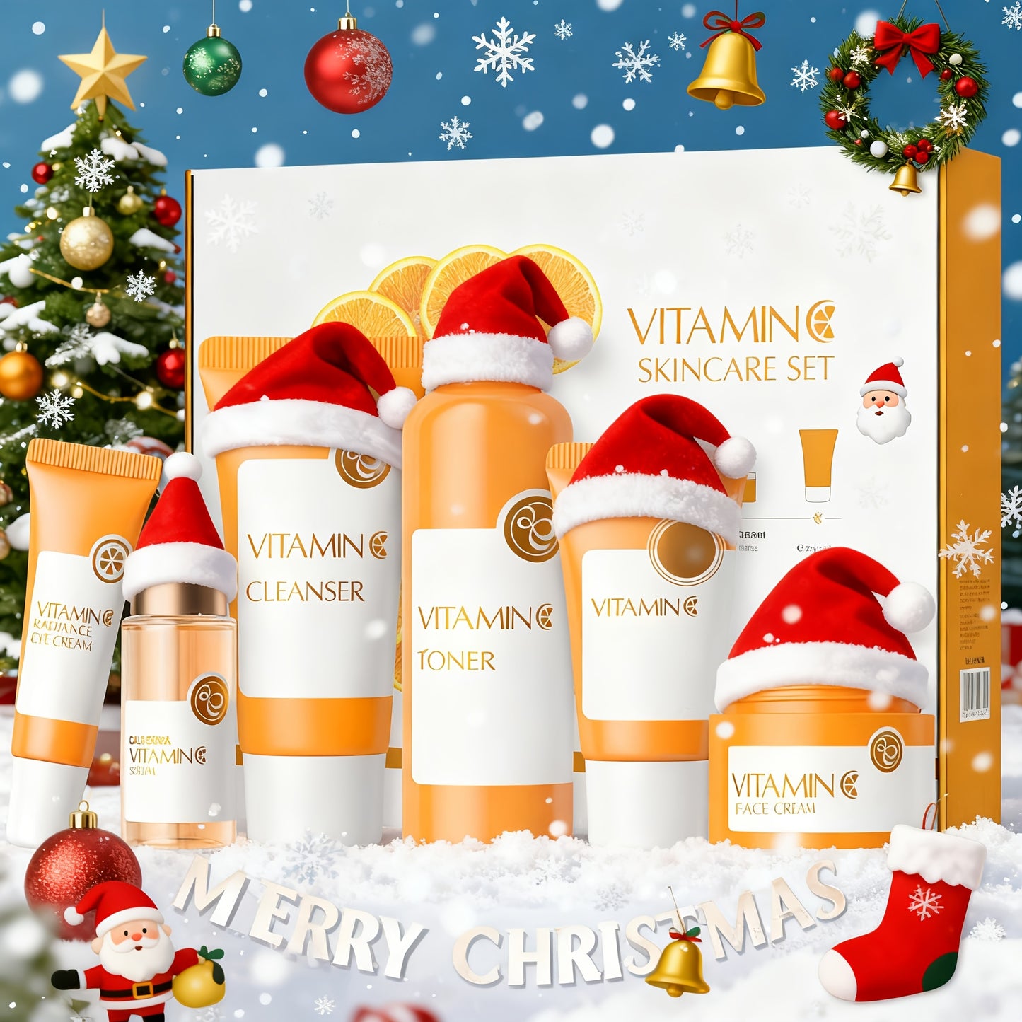 Turmeric Vitamin C Skincare Set 5-in-1 Facial Cleanser Serum Face Cream Eye Cream Toner Brightening Anti-Aging Gift Set for Women