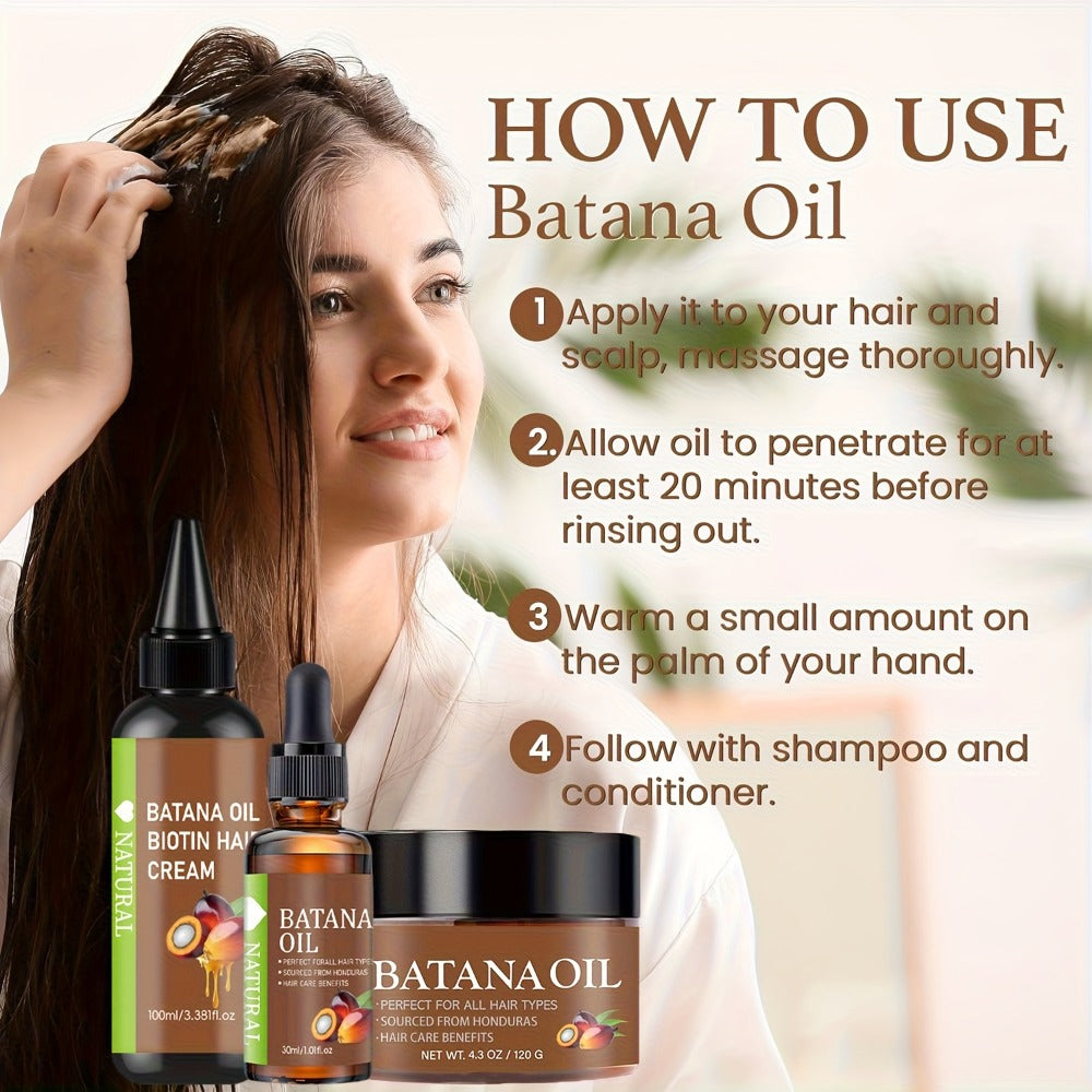 Batana Hair Oil 3-Piece Set — Pure Honduran Cold-Pressed Extract with Biotin, Nourishes Scalp & Hair, Strengthens Strands, Prevents Breakage & Split Ends, Adds Shine, All Hair Types