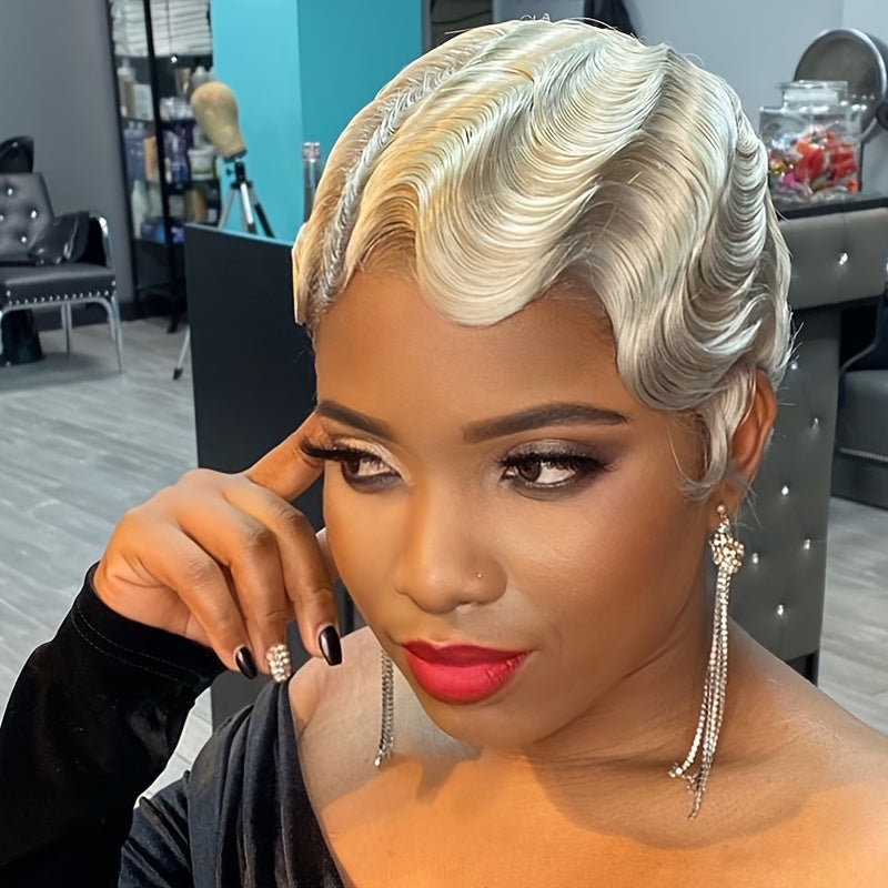 Short Human Hair Wig Pixie Cut Finger Wave Deep Ocean Wave Brazilian Virgin 180% Density Rose Net Cap Women 1B 613 Blonde Party Ready