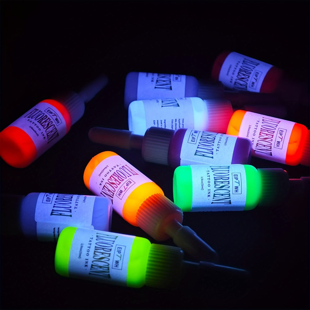 Fluorescent Tattoo Ink Set 10 Colors UV Glow Bright Long-Lasting Light-Reactive Neon Tattoo Ink Bottles for Tattoo Artists & Enthusiasts Body Art