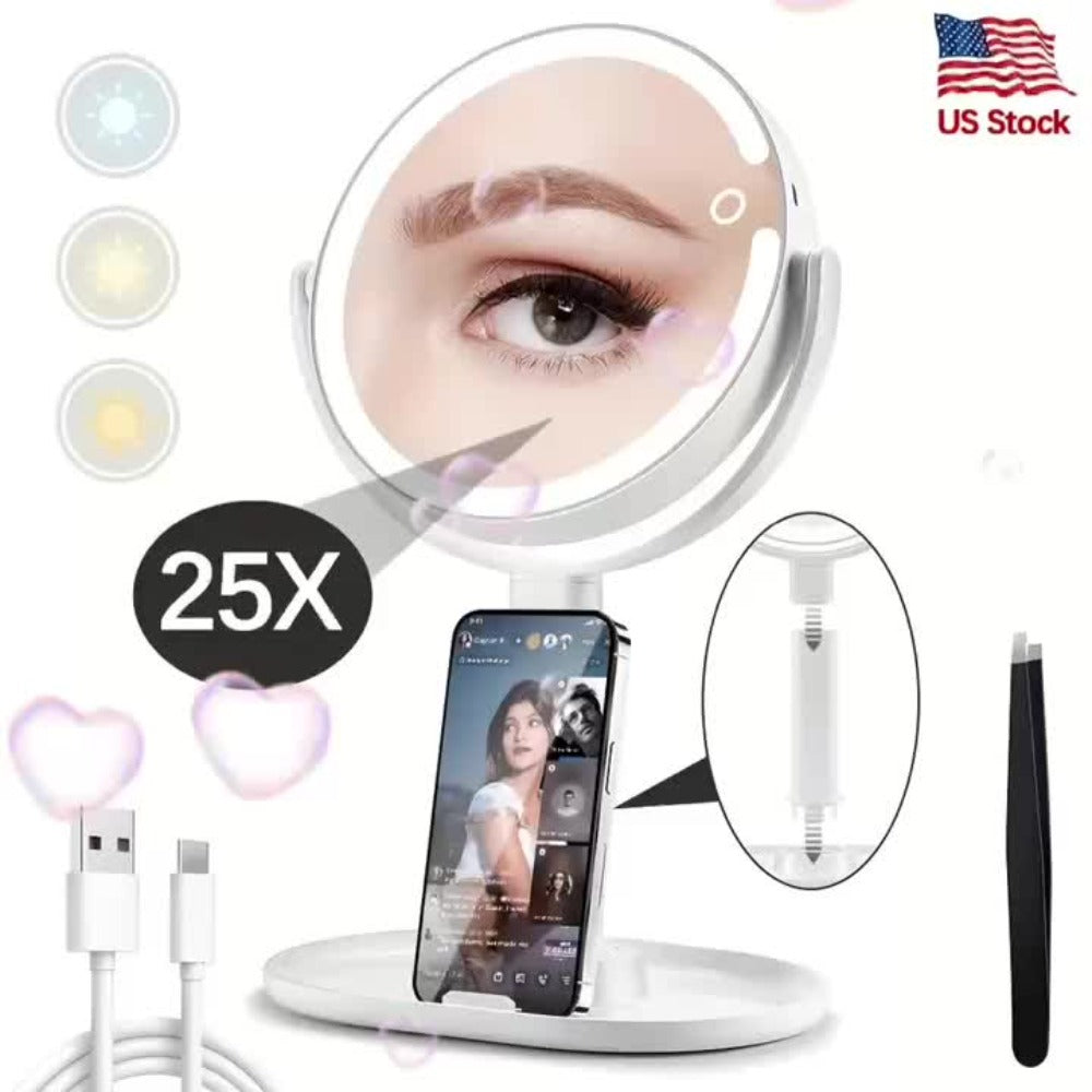 Lighted Makeup Mirror with 25X Magnification - 80 LED Vanity Mirror with 3 Color Lighting Modes, Touch Control, 2-Sided 8 Inch Rechargeable Makeup Mirror for Women, 2000mAh Battery