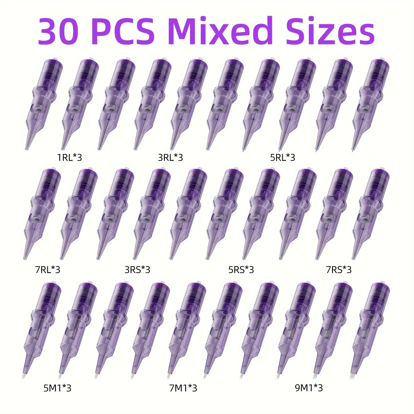 Tattoo Cartridge Needles Purple RL RS RM M1 Mixed Sizes - Tuffking Professional Disposable Liner Shader Magnum Needles for Tattoo Artists & Beginners 30 50pcs