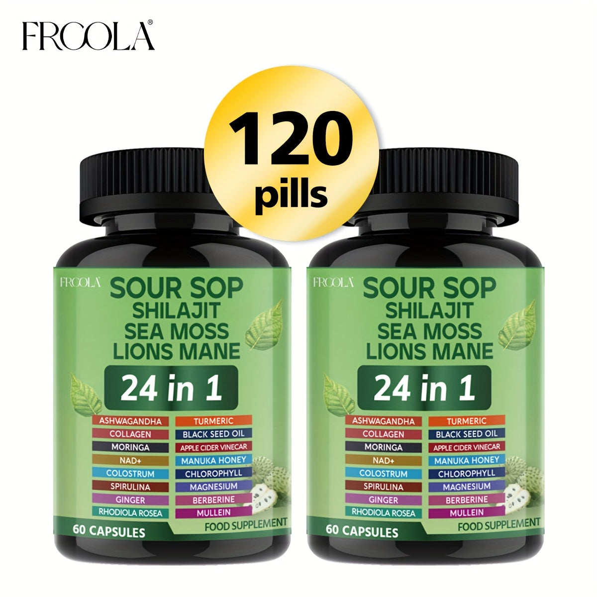 Sea Moss & Soursop Capsules 24-in-1 Superfood Blend with Shilajit, Lion's Mane & Soursop | 2238mg Gut Health & Antioxidant Support Supplement for Men & Women | 60 / 120 Count
