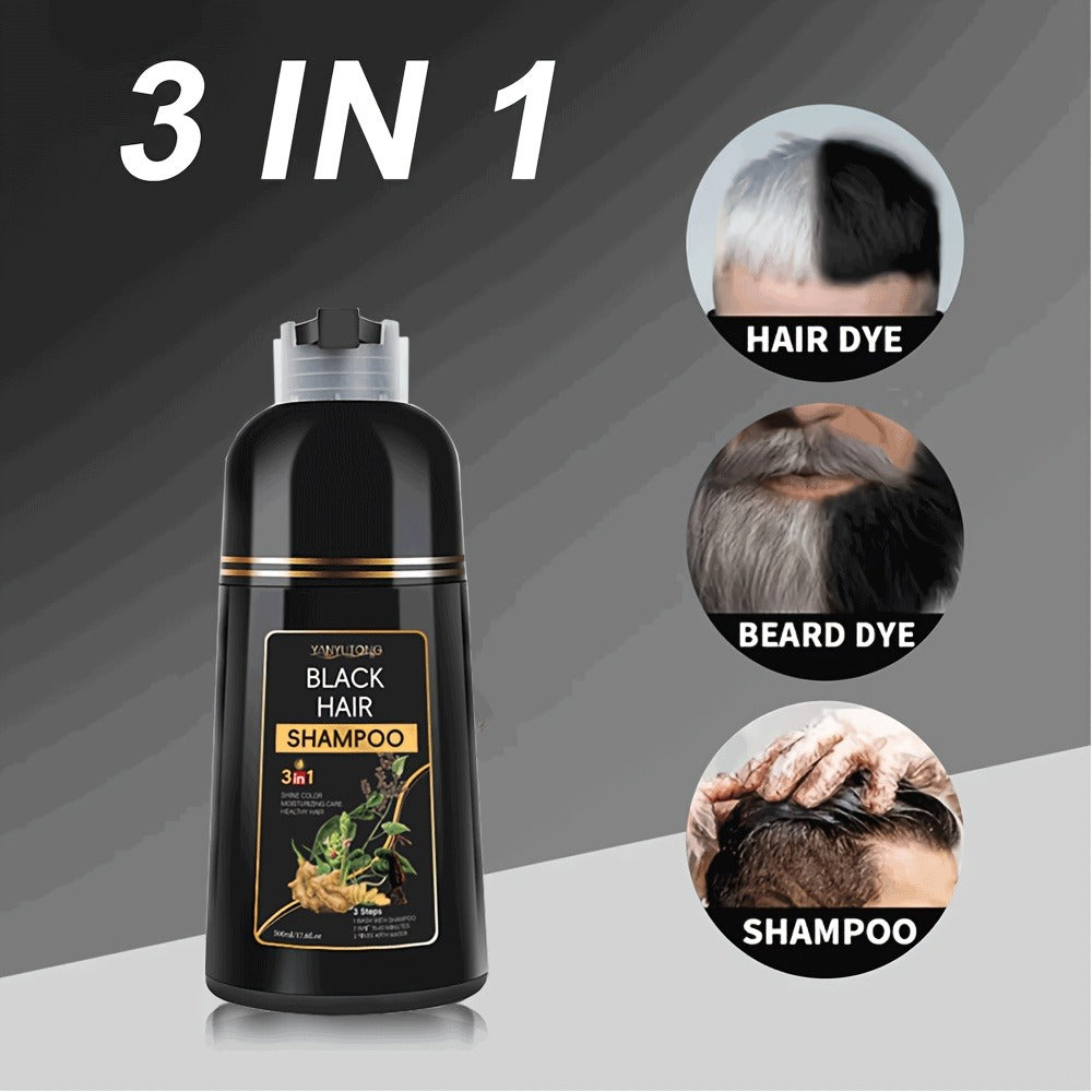 Black Hair Dye Shampoo 3-in-1 with Beard Dye & Cleanser | Natural Herbal Formula | Gentle Moisturizing Long-Lasting Color for All Hair Types | 16.91oz x2