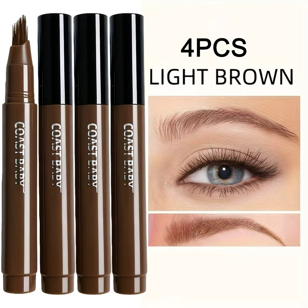 Eyebrow Pencil Set 4 Pack Multi-Fork Tip Waterproof Hair Stroke Brow Pen - Smudge-Proof Long-Lasting Microblading Effect Hairline Filler for Sparse Brows Beginner-Friendly 4 Colors