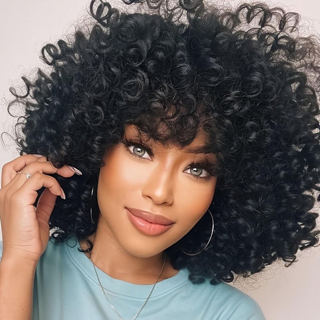 Afro Kinky Curly Wig for Black Women — Short Synthetic Wig with Bangs, 180% High Density, Natural Fluffy Curls, Stretch Cap, Daily Wear & Party, Fits All Head Sizes