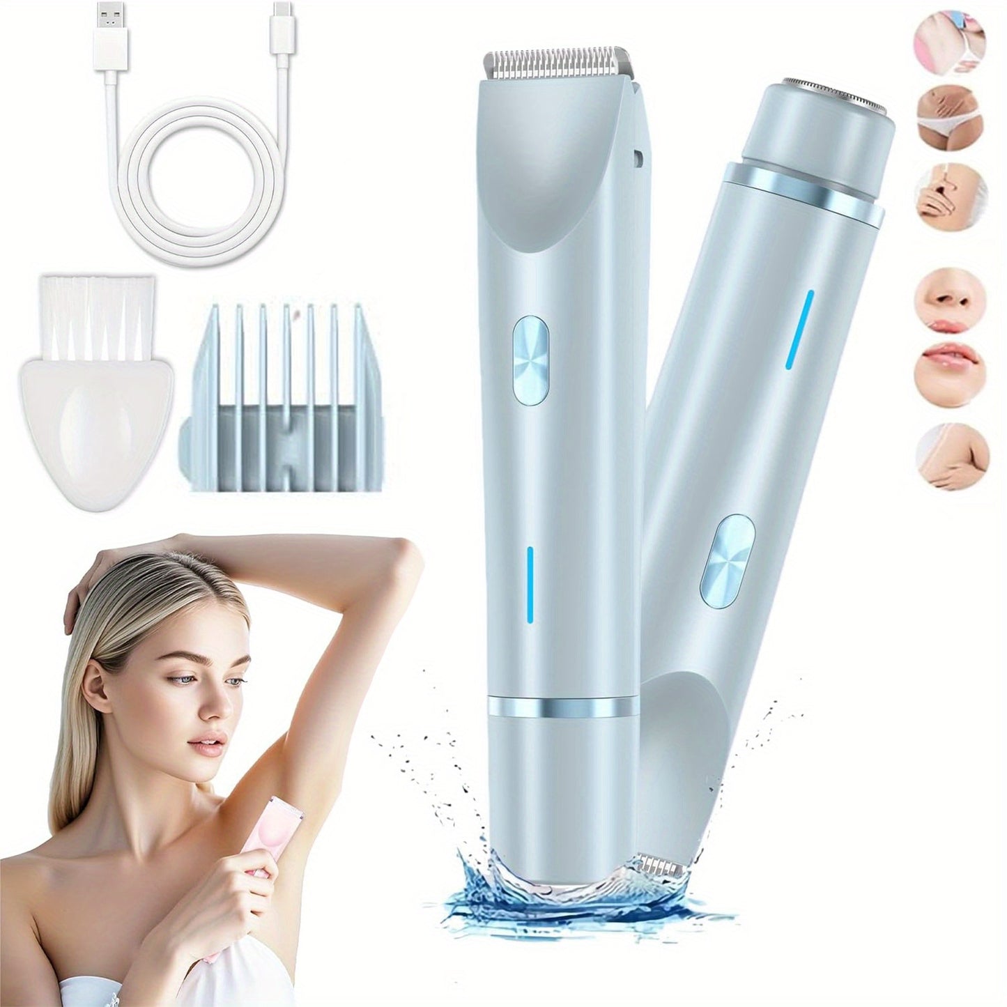 Electric Hair Removal Shaver 2-in-1 Dual Head - USB Rechargeable Epilator with Stainless Steel Blades for Face Body Legs Bikini Line Underarms & Intimate Areas - Women's Cordless Shaver Pink Purple Blue