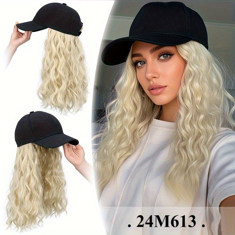 Baseball Cap Wig with Hair Long Curly Wavy Synthetic Wig Adjustable Cap Heat Resistant Elastic Net Base Natural Volume Ombre Highlighted Colors Cosplay Wedding Daily Wear Women 18 Inch