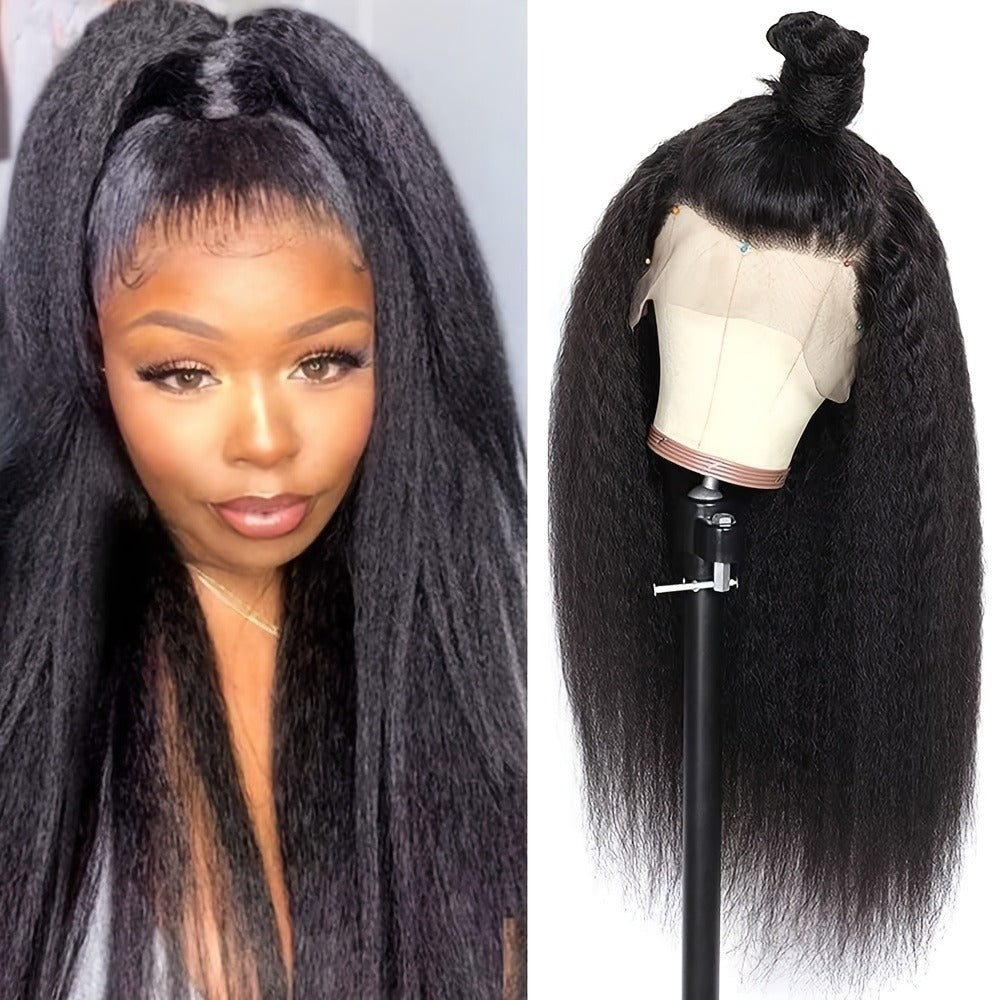 Kinky Straight Wig Lace Front Synthetic 26 Inch Black Yaki Texture HD Lace Glueless Pre Plucked Hairline Heat Resistant 160°C Adjustable Cap for Women Beginner Friendly