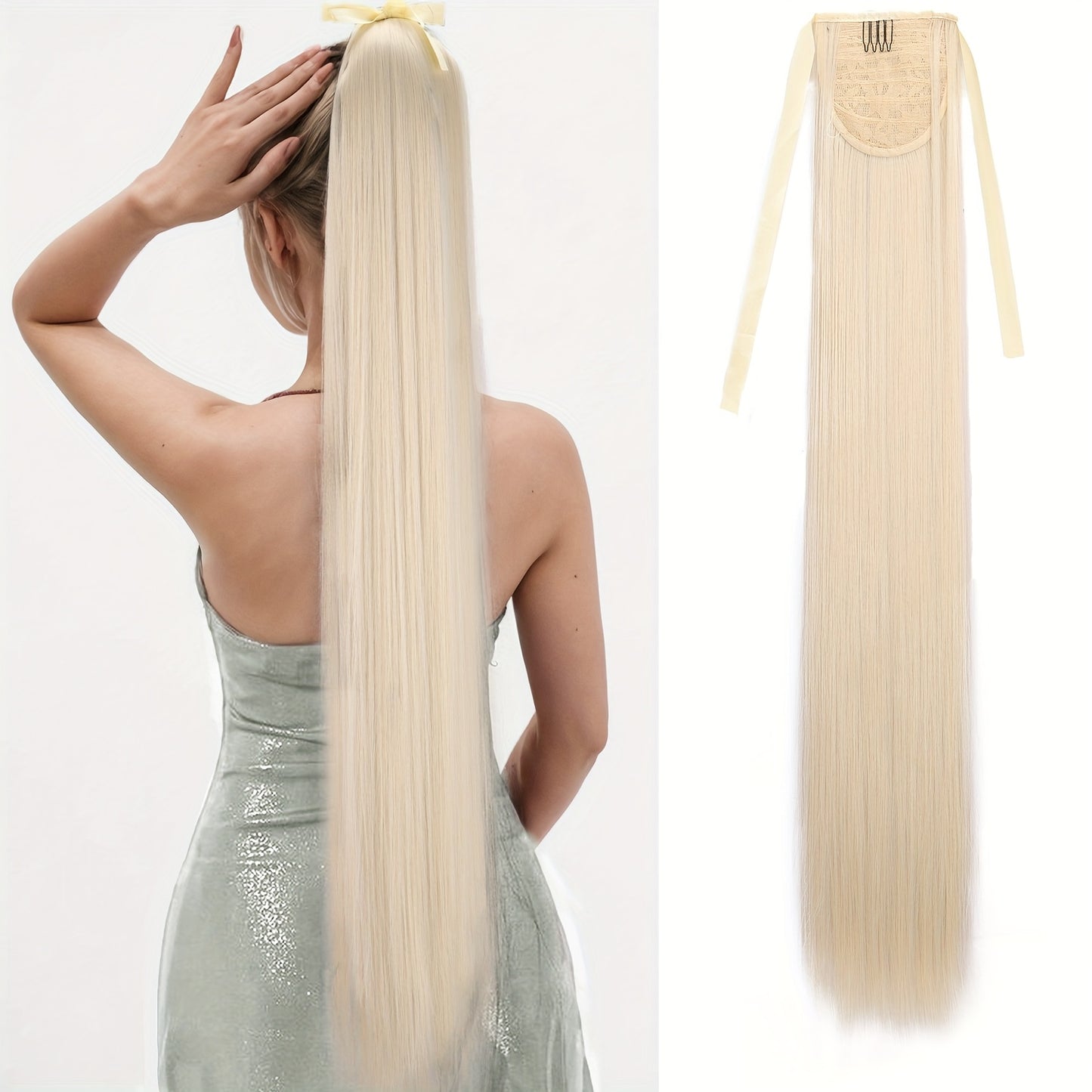 Straight Ponytail Extension 34 Inch - Ribbon Wrap Long Sleek Hairpiece High Temperature Fiber for Women Daily Wear Festive Occasions Mixed Brown Linen Champagne Olive