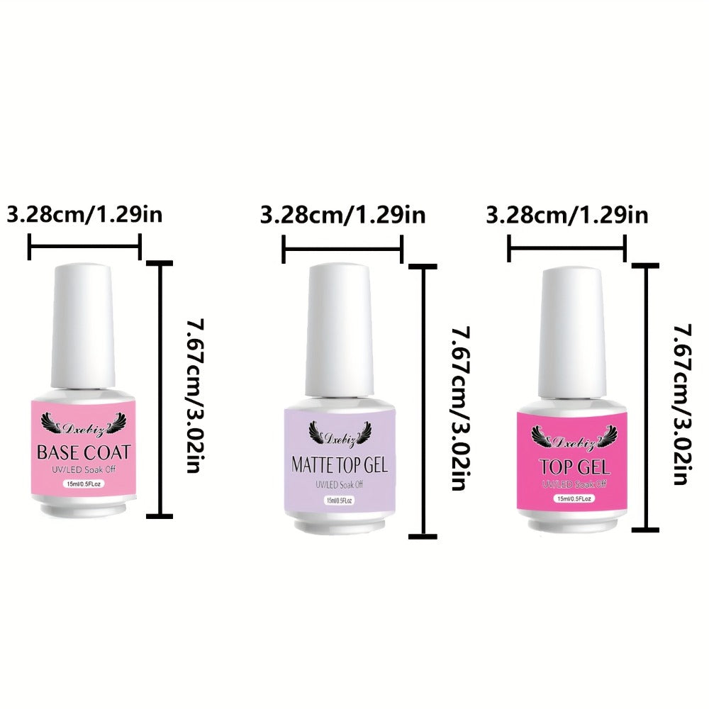 Gel Polish Base Coat Top Coat Set 3pcs No-Wipe Glossy Matte Top Coat Base Gel Long-Lasting Soak Off LED Nail Lamp Nail Art Kit 0.51oz Each