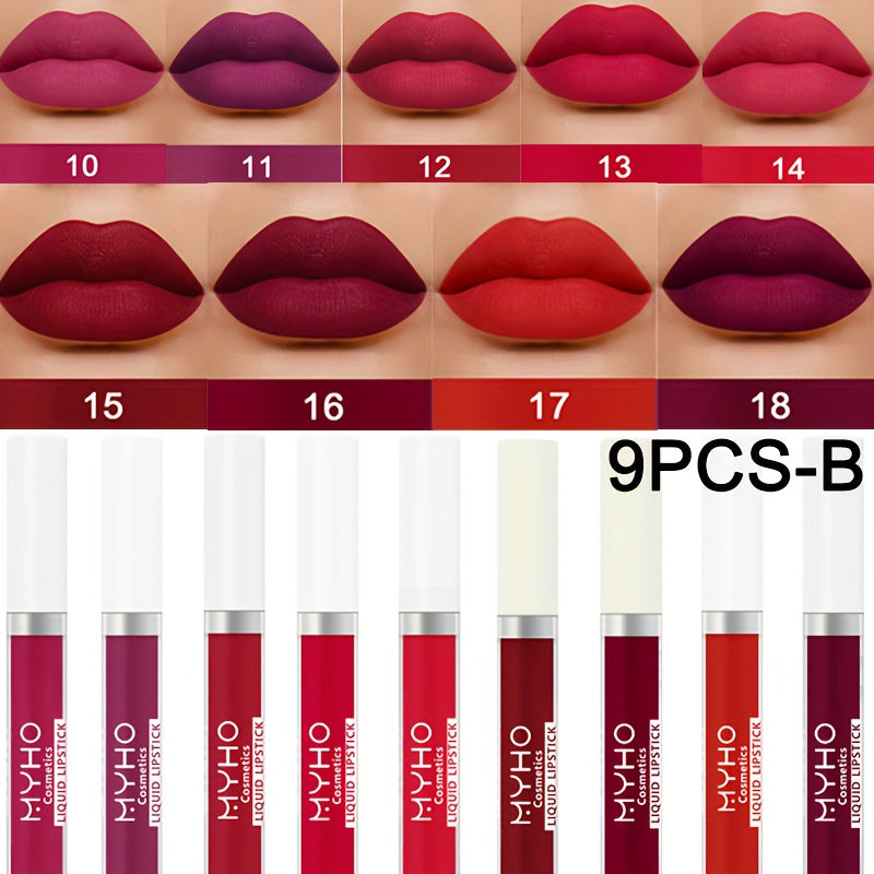 Velvet Matte Lip Gloss Set 9pcs — Waterproof High Pigment Lip Glaze, Non-Stick Creamy Formula, Long-Lasting Color for All Skin Tones, Perfect Gift for Women, 18 Shades Available