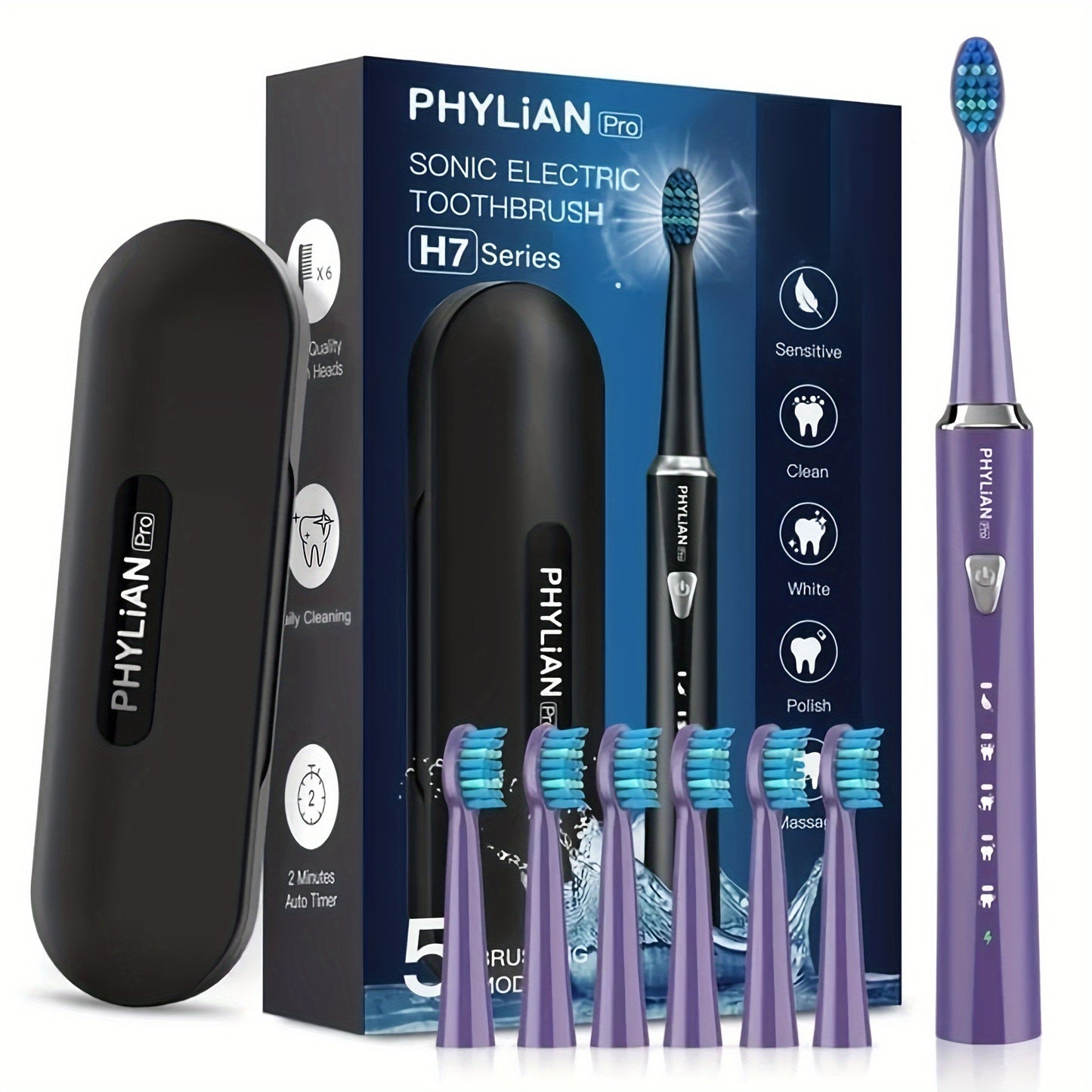 Electric Toothbrush for Adults Sonic Rechargeable 5 Cleaning Modes 6 DuPont Brush Heads 40000 VPM 120-Day Battery 2-Minute Smart Timer Whitening Sensitive Polish Massage USB Charge Travel Ready