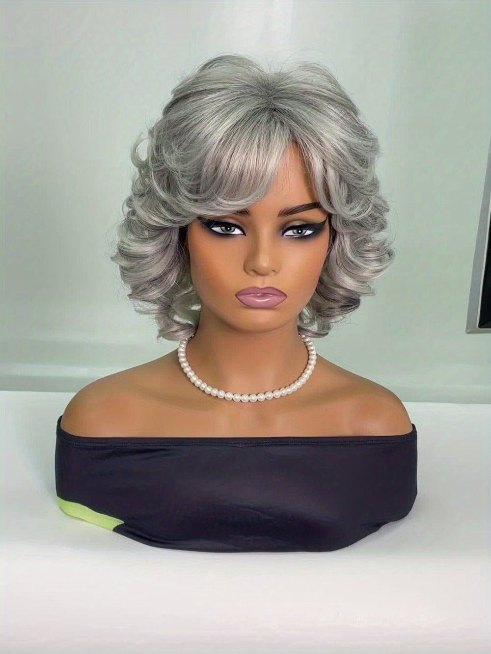 Gray Curly Wig with Bangs for Women — 12 Inch Short Synthetic Silver Grey Hair, Rose Net Cap, Heat Resistant Fiber, Cosplay Halloween Party & Daily Wear, All Occasions