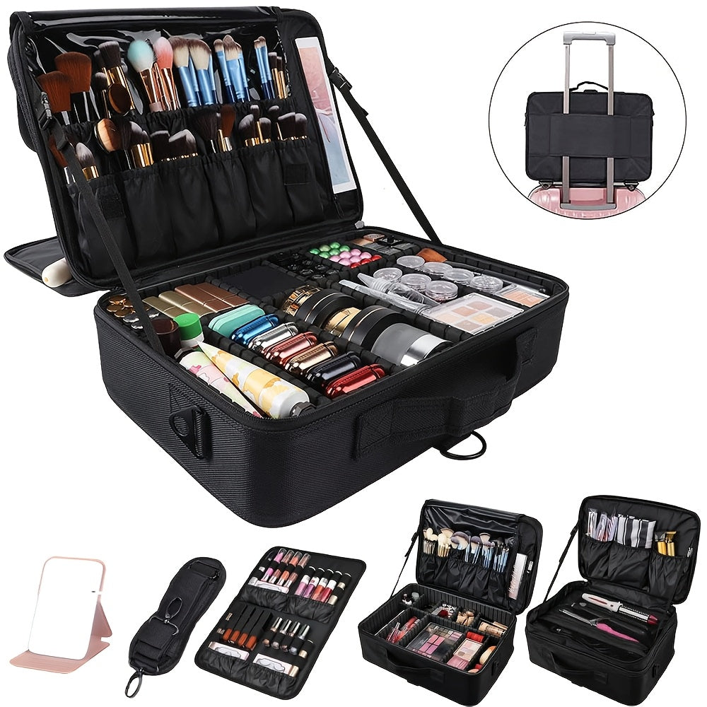 Professional Makeup Train Case 3-Layer Large Travel Cosmetic Organizer with Adjustable Dividers Shoulder Strap Brush Holder 15.8 Inch Makeup Artist Storage Box Black