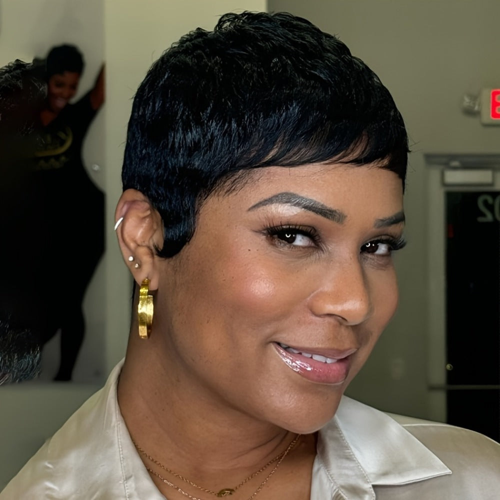 Brazilian Human Hair Pixie Cut Wig 150% Density Short Straight Wig for Women Machine Made Rose Net Cap Glueless Natural Black 4 Inch Beginner Friendly Easy Wear