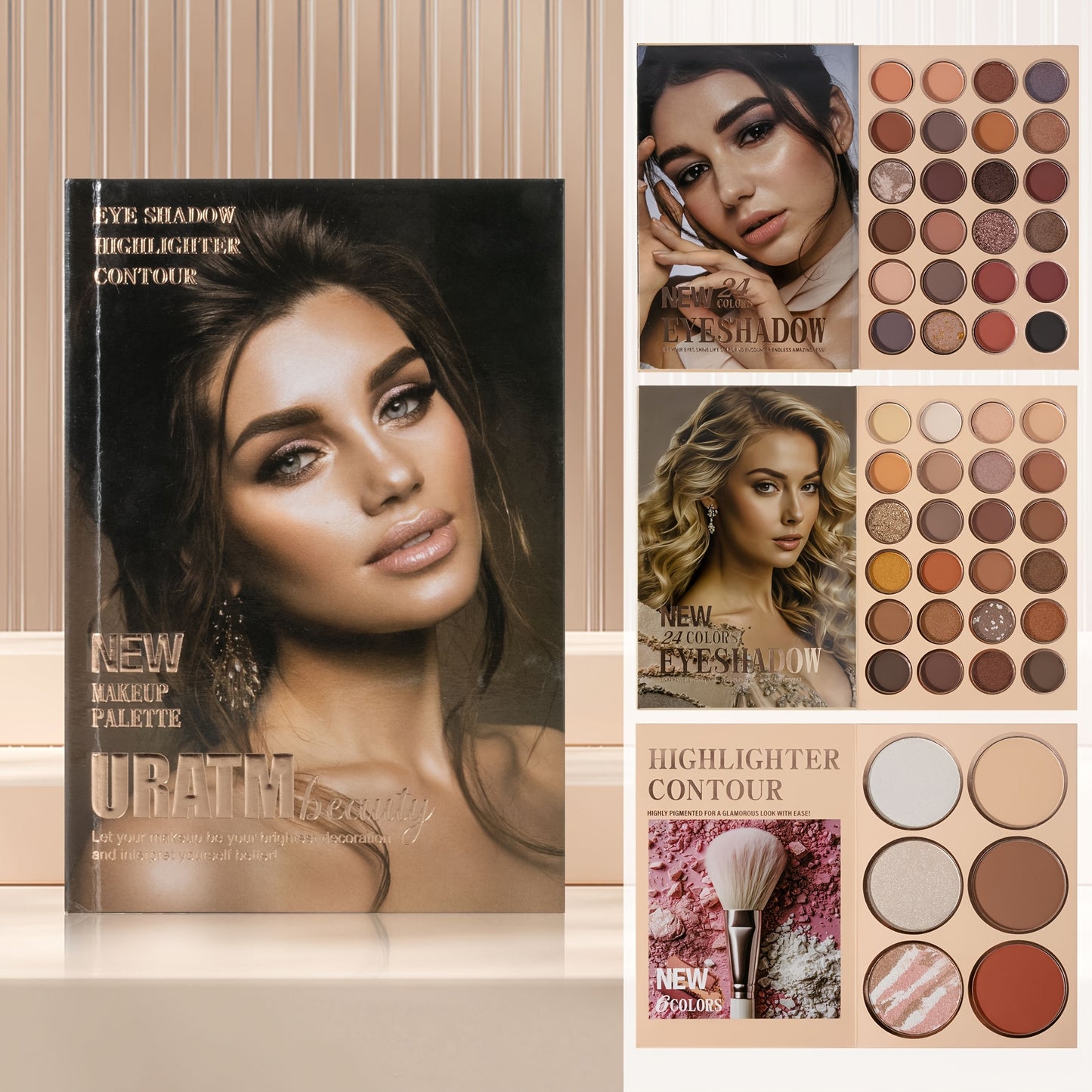 Eyeshadow Palette Blush Highlighter Loose Powder 3-in-1 Compact Makeup Palette, Book-style Folding Design, Holiday Gift Set for Women