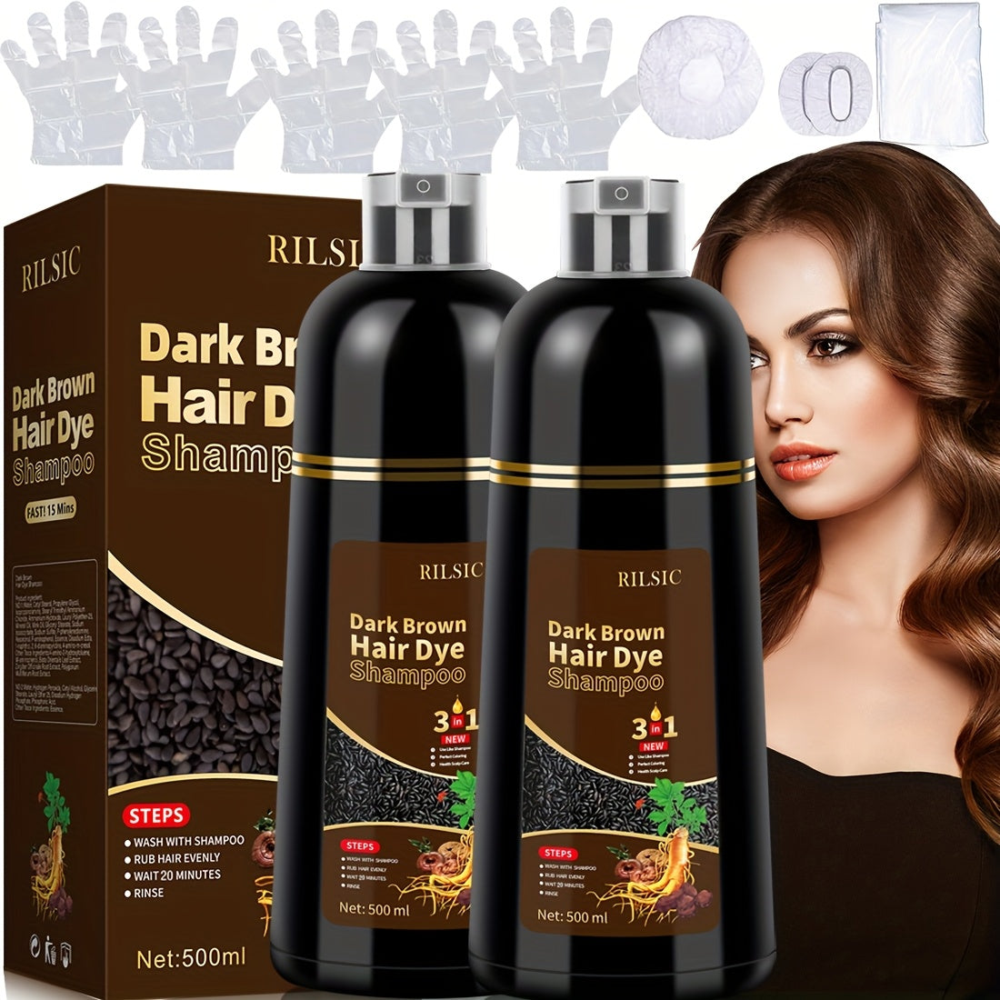 Hair Dye Shampoo 3-in-1 - Instant Grey Hair Coverage, Natural Herbal Hair Color Shampoo, Ammonia Free, Colors in Minutes, Lasts 30 Days, 16.91oz, 2 Pack for Men & Women