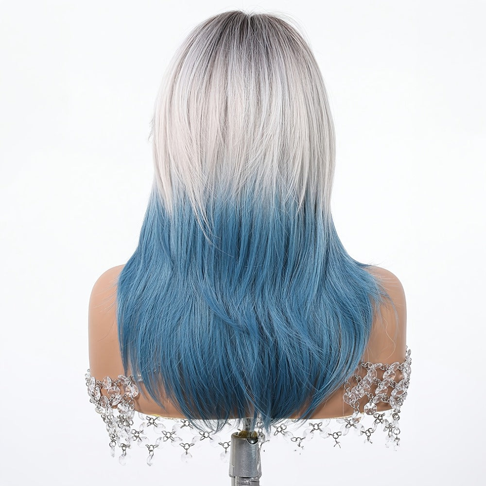Blue Wig with Bangs for Women — 22 Inch Gradient Ombre Layered Synthetic Wig, Heat Resistant with Rose Hair Net, for Cosplay Halloween Party Festival Wedding Daily Wear