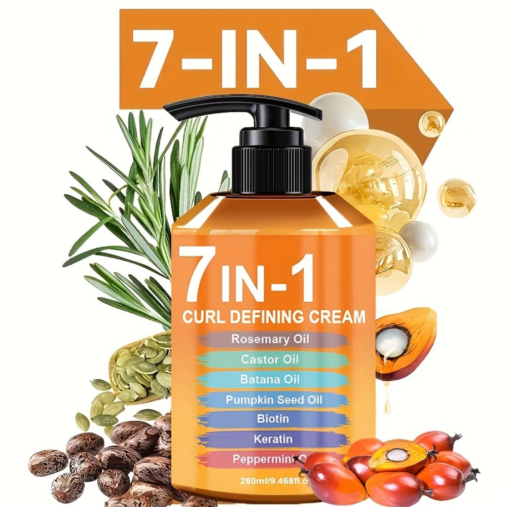 Curl Cream for Wavy & Curly Hair 7-in-1 Formula - Argan Oil, Rosemary Oil & 5 Nourishing Ingredients, Frizz Control, Long-Lasting Definition, 280ml