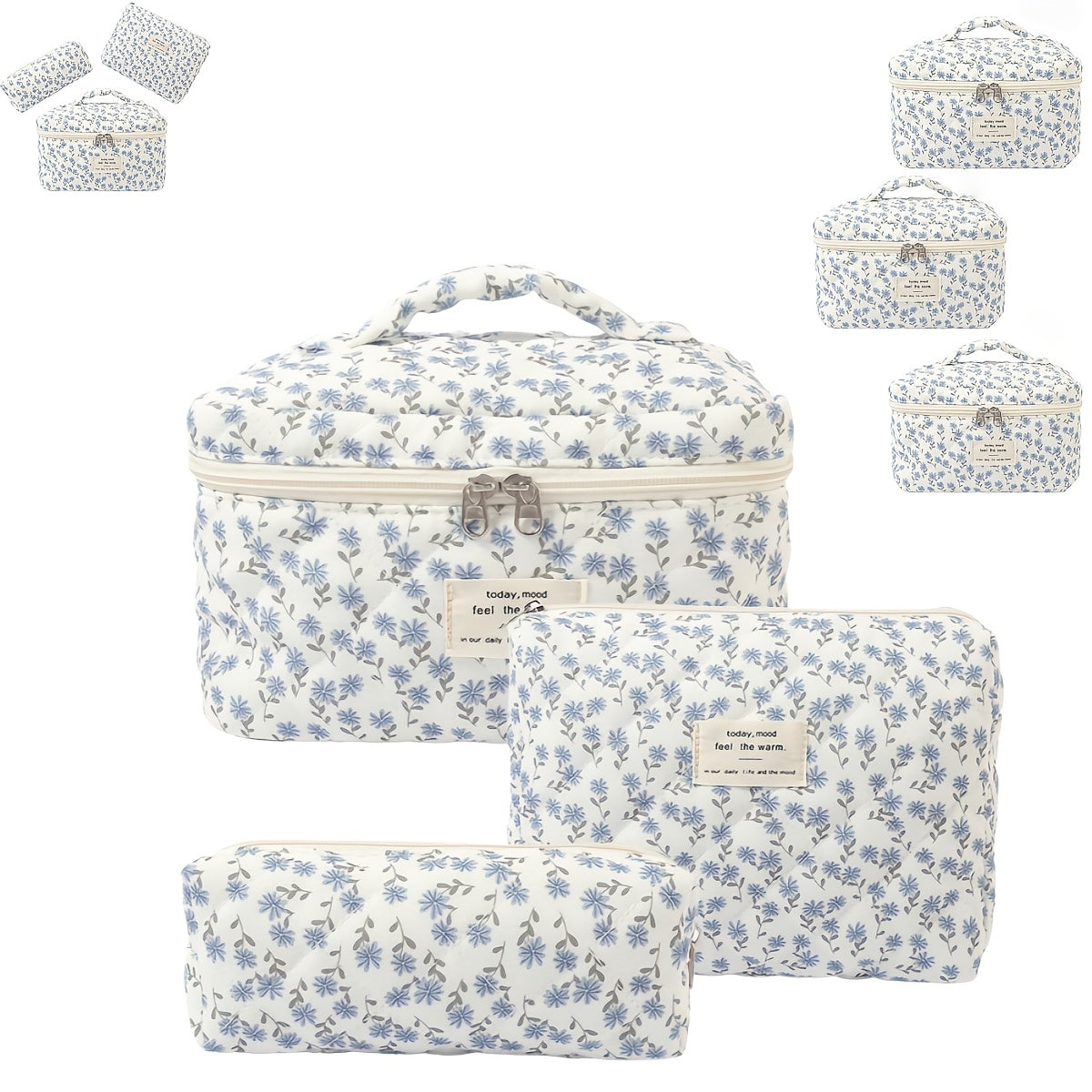 Quilted Makeup Bag Set 3 Pcs Floral Pattern Large Capacity Travel Cosmetic Bag Organizer Polyester Zipper Pouch for Skincare Makeup Tools Toiletry Blue Pink Peacock