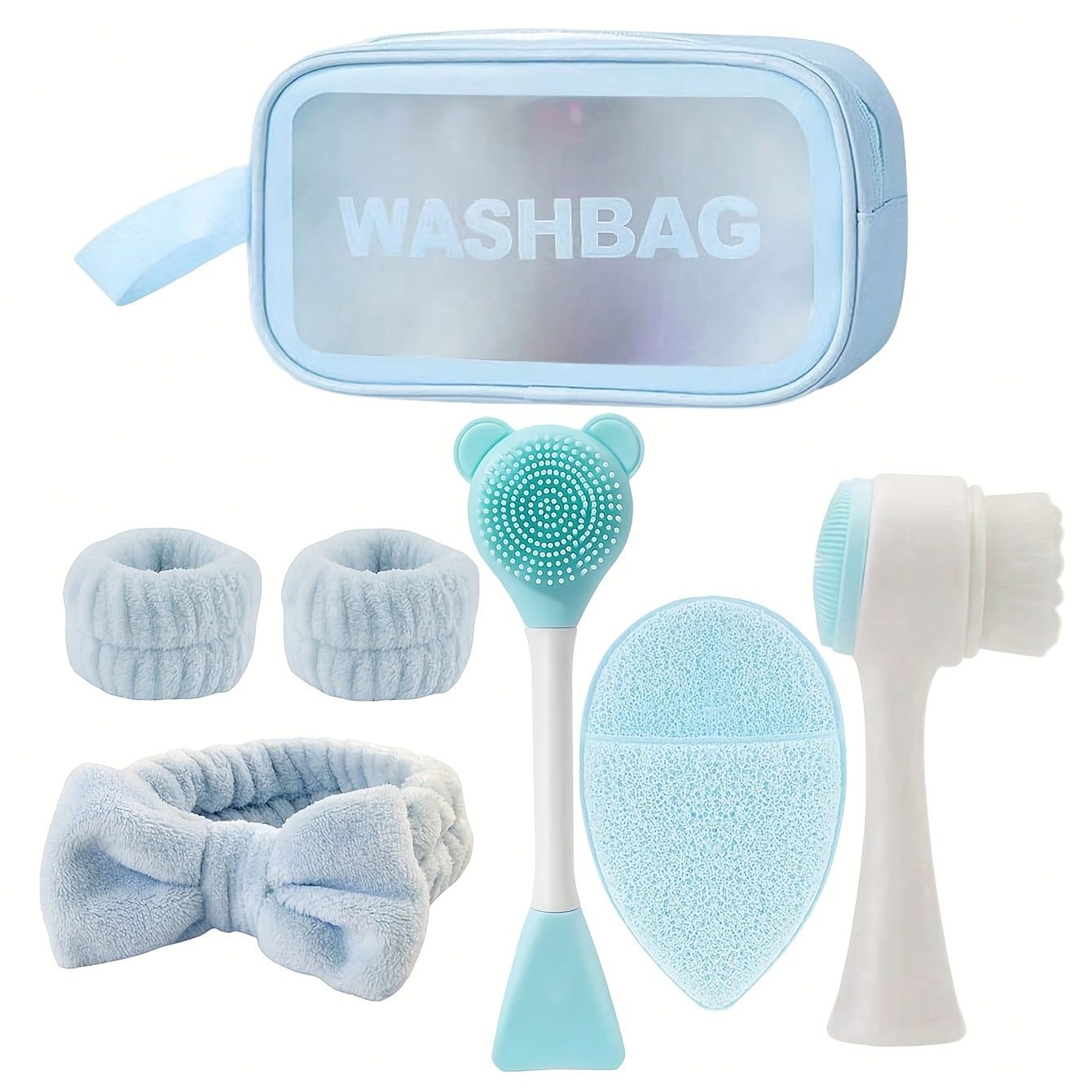 Facial Cleansing Set 7pcs — Deep Cleansing Spa Mask Brush Kit with Velvet Headband, Scrub Brush, Detailing Brush & Wash Bag, Portable Skincare Tool for Women