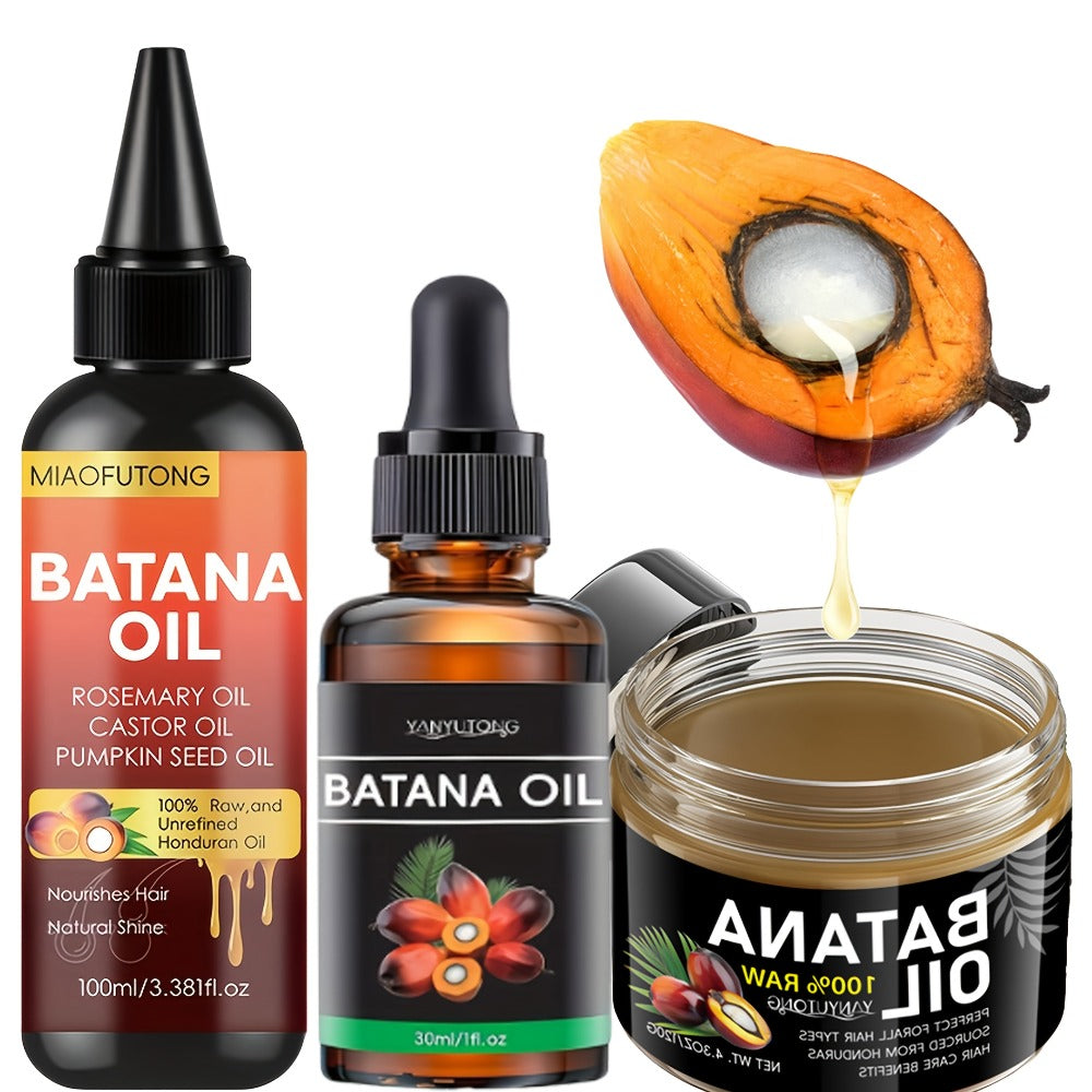 Batana Oil Hair Care Set 3PCS - Honduras Pure Cold-Pressed Batana Hair Oil, Cream & Essential Oil for Dry Hair, Scalp Moisturizer, Anti-Breakage, Split End Repair, All Hair Textures