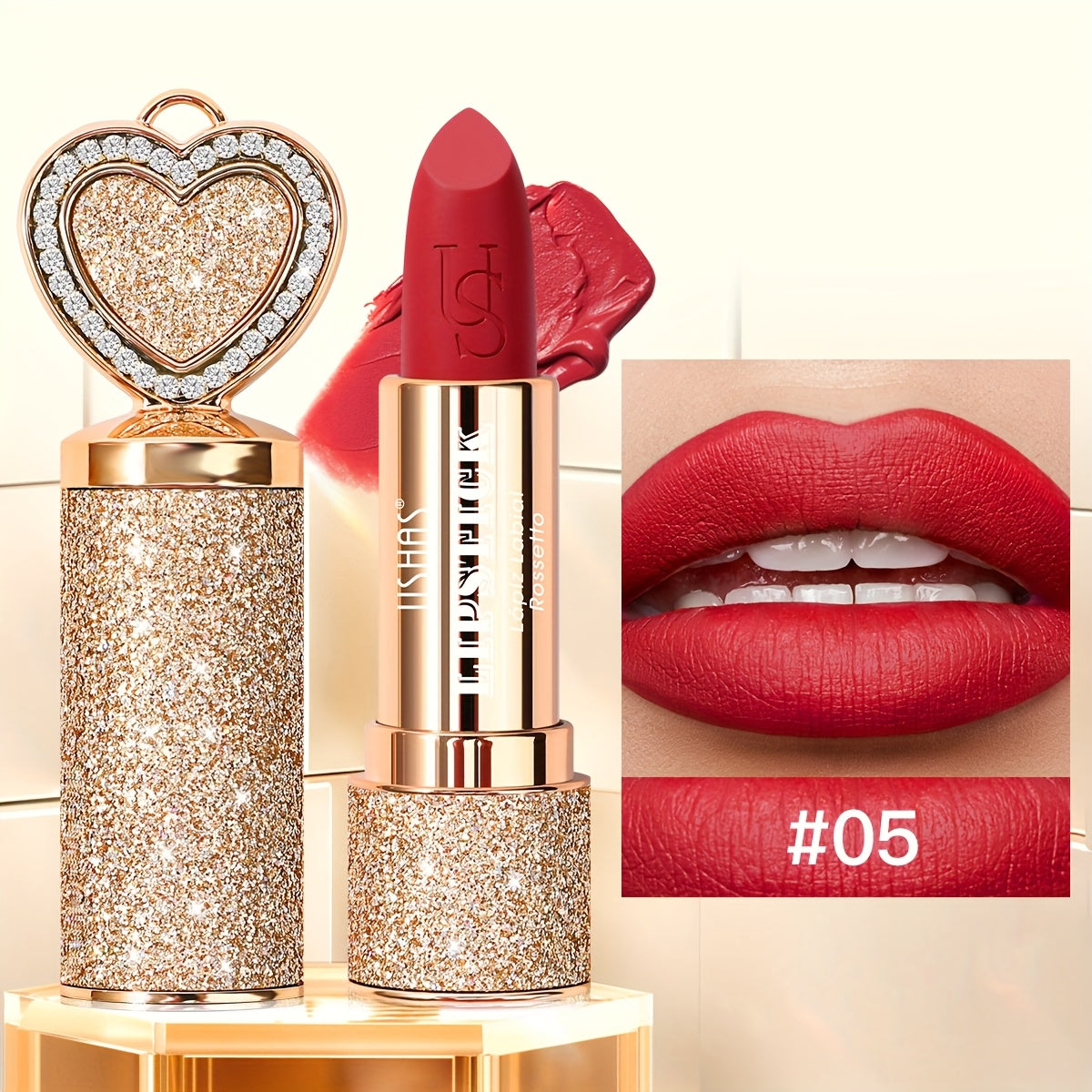 Matte Lipstick Heart-Shaped Design USHAS 24H Long-Lasting Velvet Lip Color Transfer-Resistant Buildable Coverage Highly Pigmented Smooth Application All-Day Wear Multi-Color Options