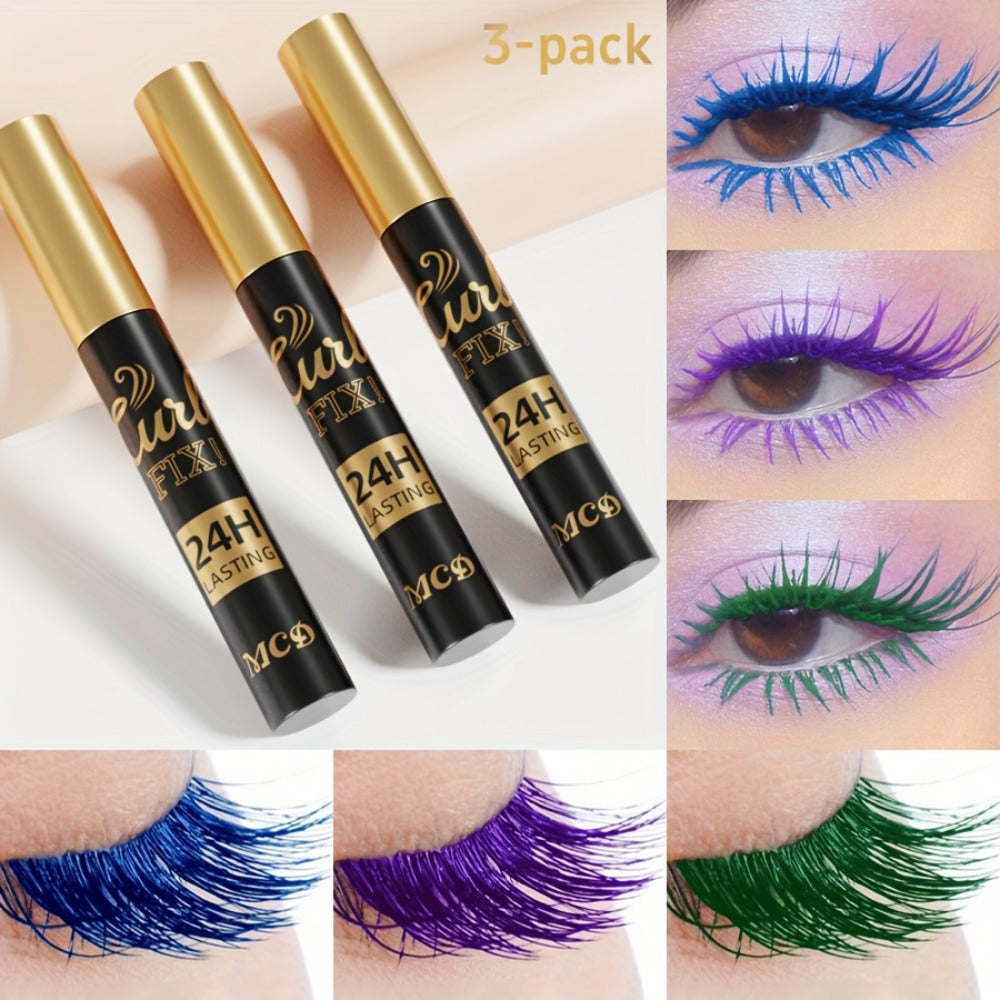 Mascara Set 3-Piece Colorful Bright Shades with Eyebrow Pencil, Eyeshadow Pencil & Waterproof Eyeliner - Long-Lasting Curled Effect Eye Makeup Kit for Everyday, Clubbing & Party Looks