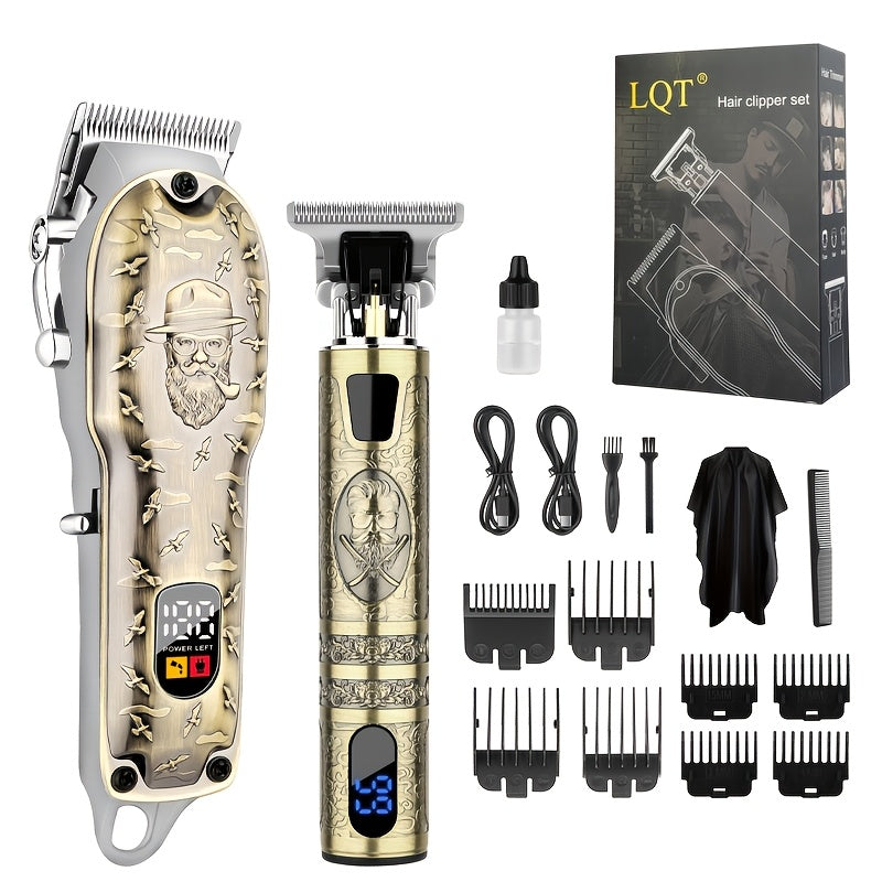 Electric Hair Clipper Set for Men LQT USB Charging 2000mAh with Engraving Scissors Metal Digital Display - 2 or 3 Piece Barber Kit for Home & Salon Bronze Gift