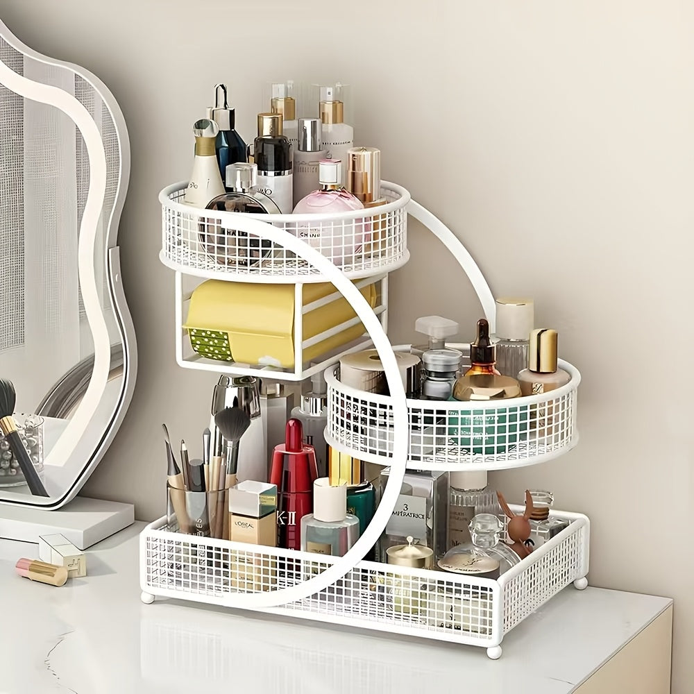 3-Tier Metal Cosmetic Organizer with Tissue Box Holder No-Installation Countertop Storage Rack for Bathroom Dresser Vanity Makeup Skincare Black White