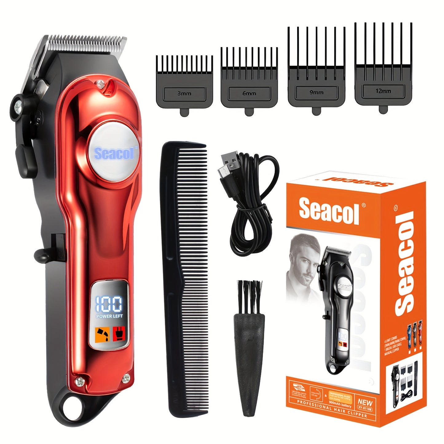 Professional Hair Clippers for Men - USB Rechargeable Electric Trimmer, LCD Display, 900mAh Battery, Limit Combs & Cleaning Brush Included, Black Red