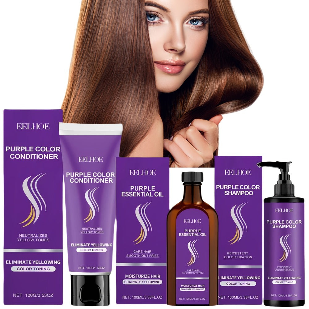 Purple Shampoo Set 3pcs — Collagen Anti-Yellowing Shampoo, Conditioner & Argan Hair Oil | Repairs Split Ends, Fixes Color & Smooths All Hair Types