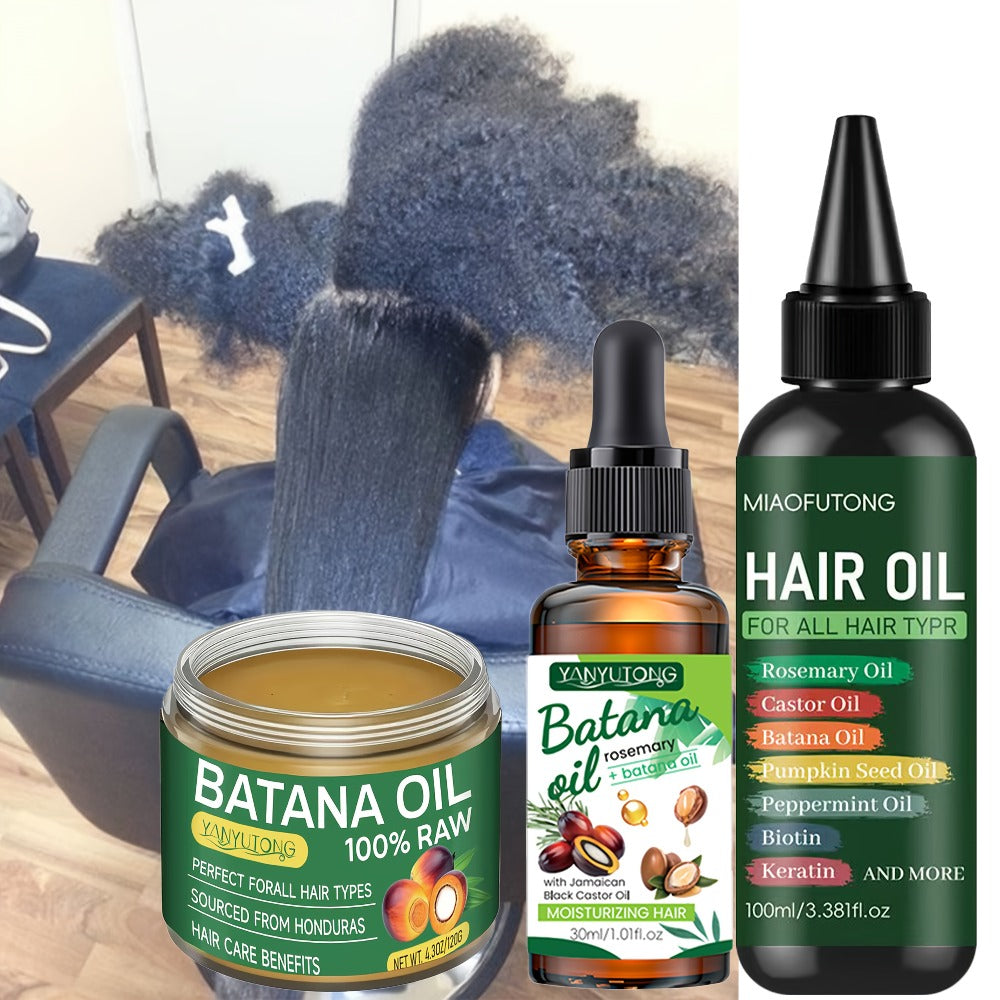 Bataina Hair Oil 3-Piece Set | Cold-Pressed Biotin Hair Oil + Essential Oil + Conditioner | Strengthens Prevents Breakage Split Ends Enhances Shine | All Hair Types