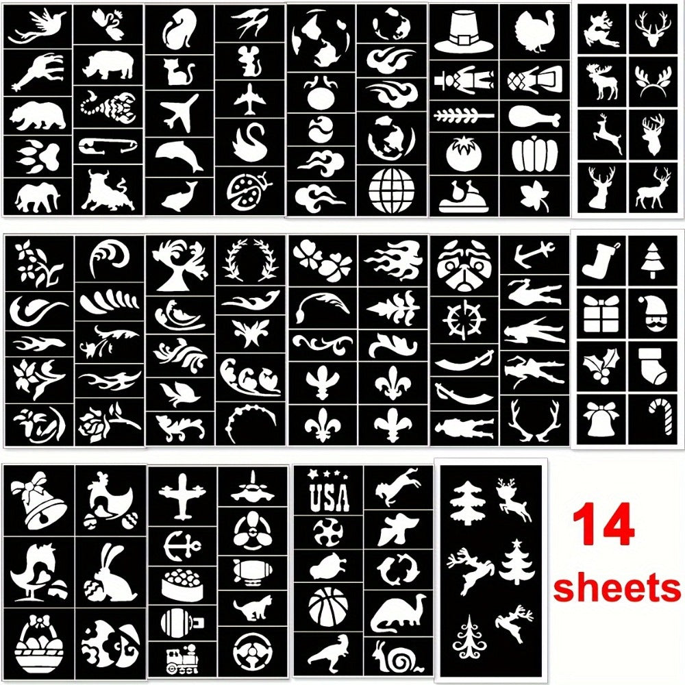 Glitter Tattoo Kit for Kids & Adults - 14 Stencil Sheets, 6 Metallic Colors, Body Glue & 2 Brushes - Temporary Body Art Set for Parties & Festivals
