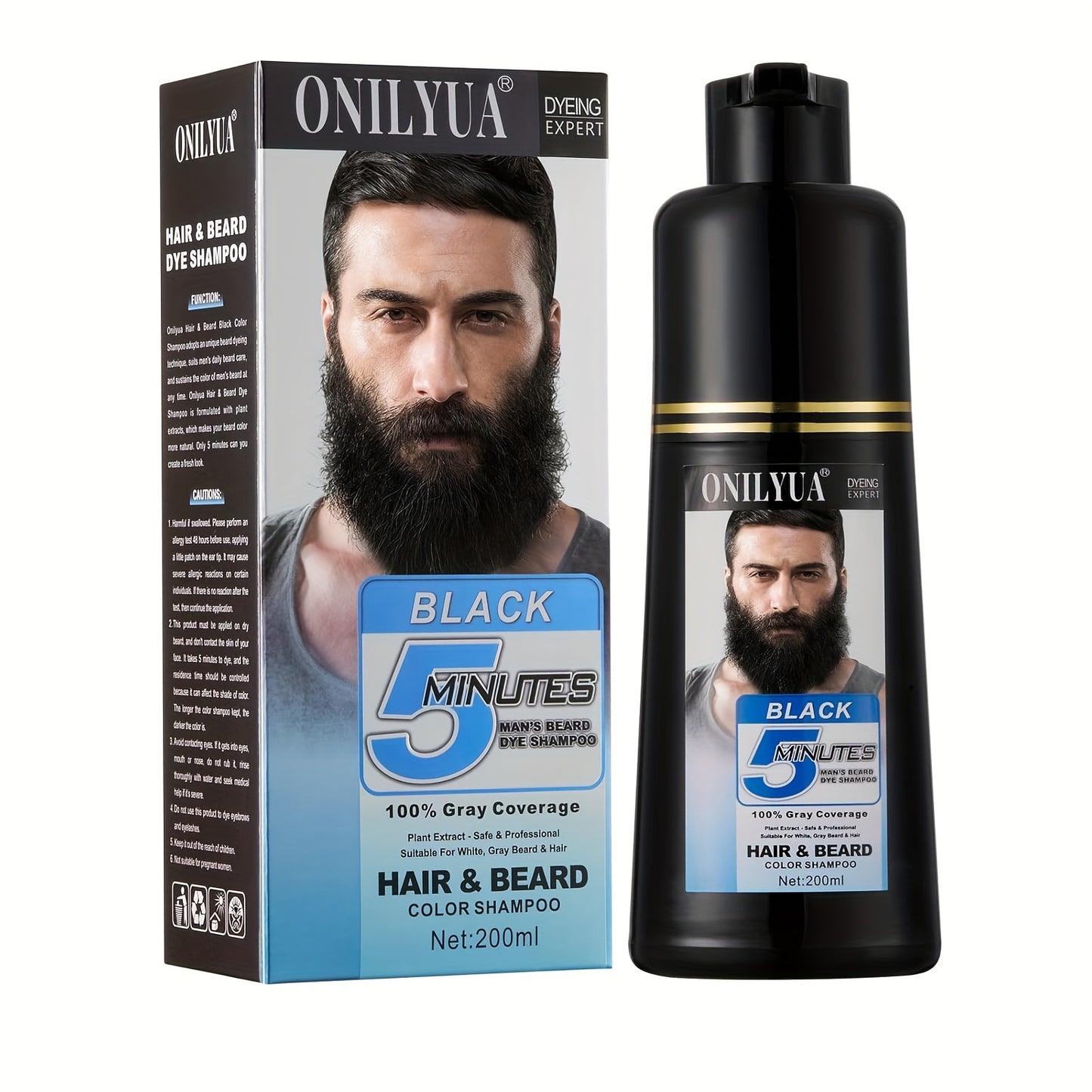 Beard Dye Shampoo for Men 2-in-1 Hair & Beard Color Grey Coverage in 5-20 Minutes - Argan Oil No-Mix Long-Lasting Natural Color Formula 6.76 oz for Beard Mustache Goatee